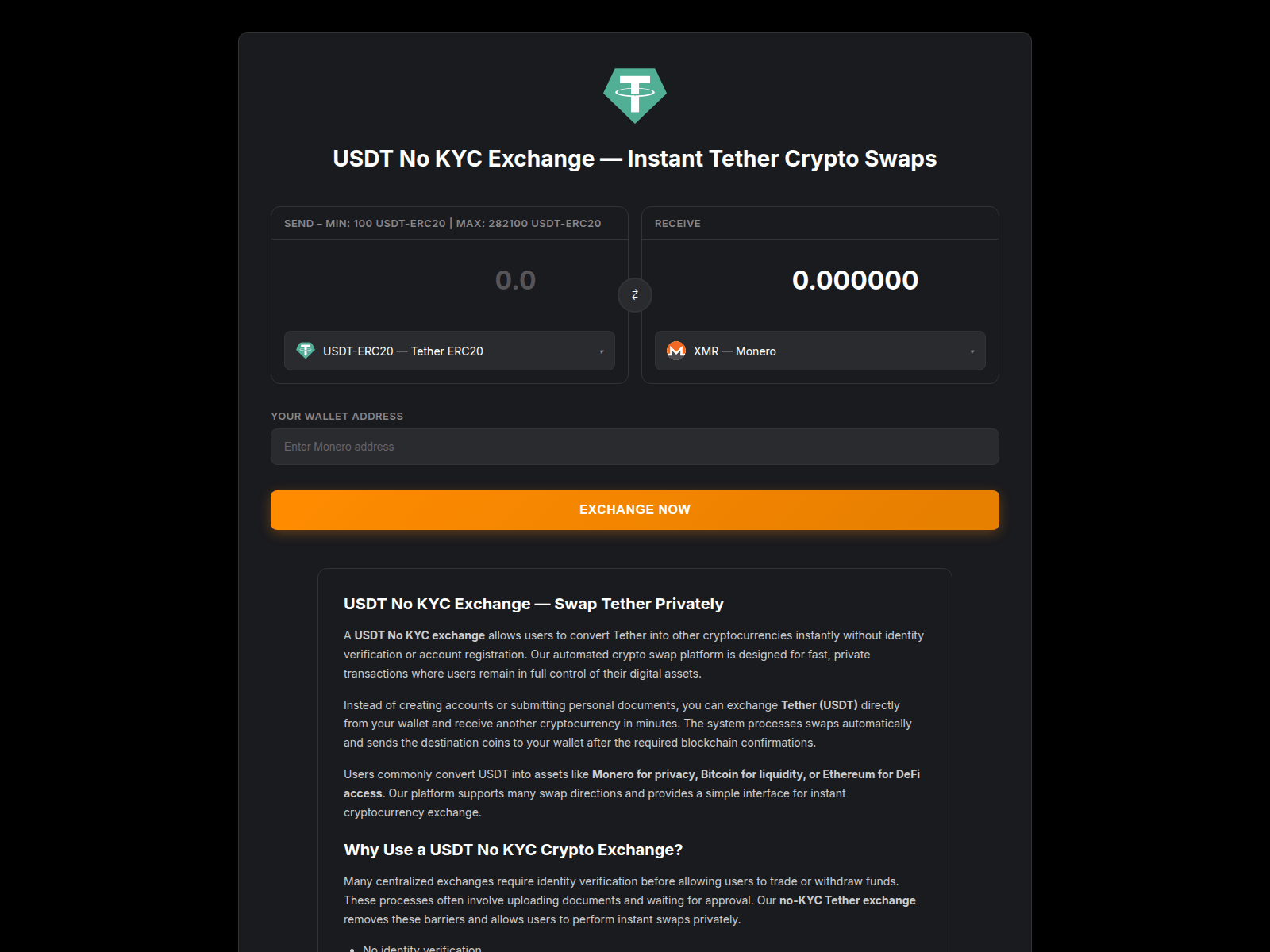 Screenshot of usdt-no-kyc.exchange