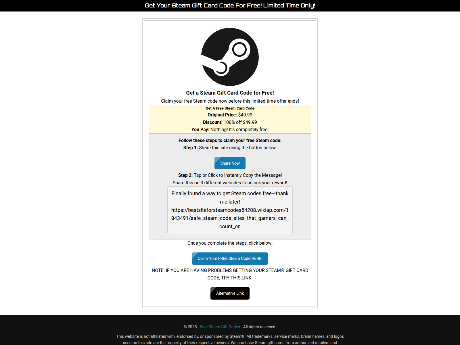 Screenshot of steamwalletcodes.com