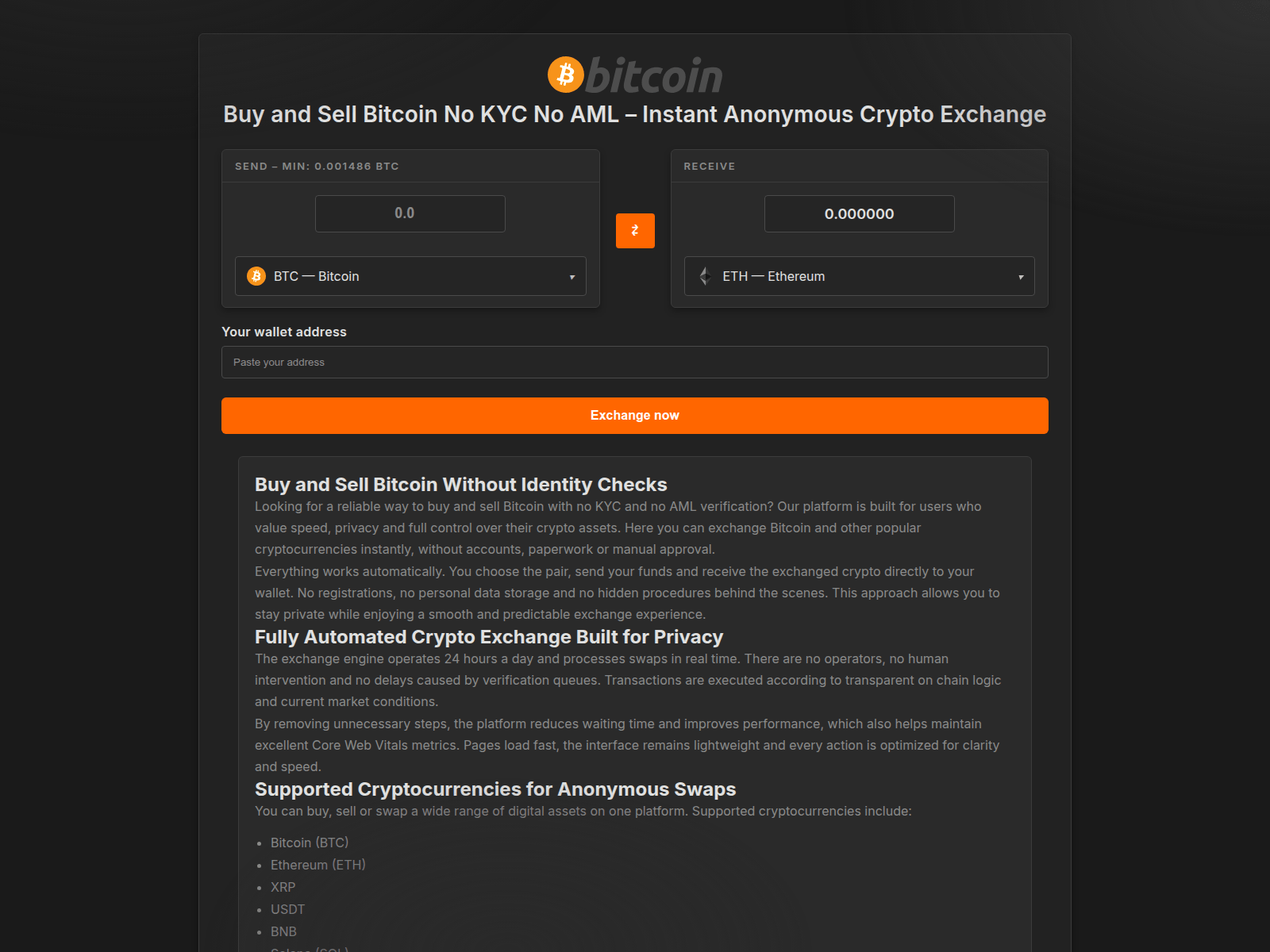 Screenshot of btc-exchange-nokyc.com