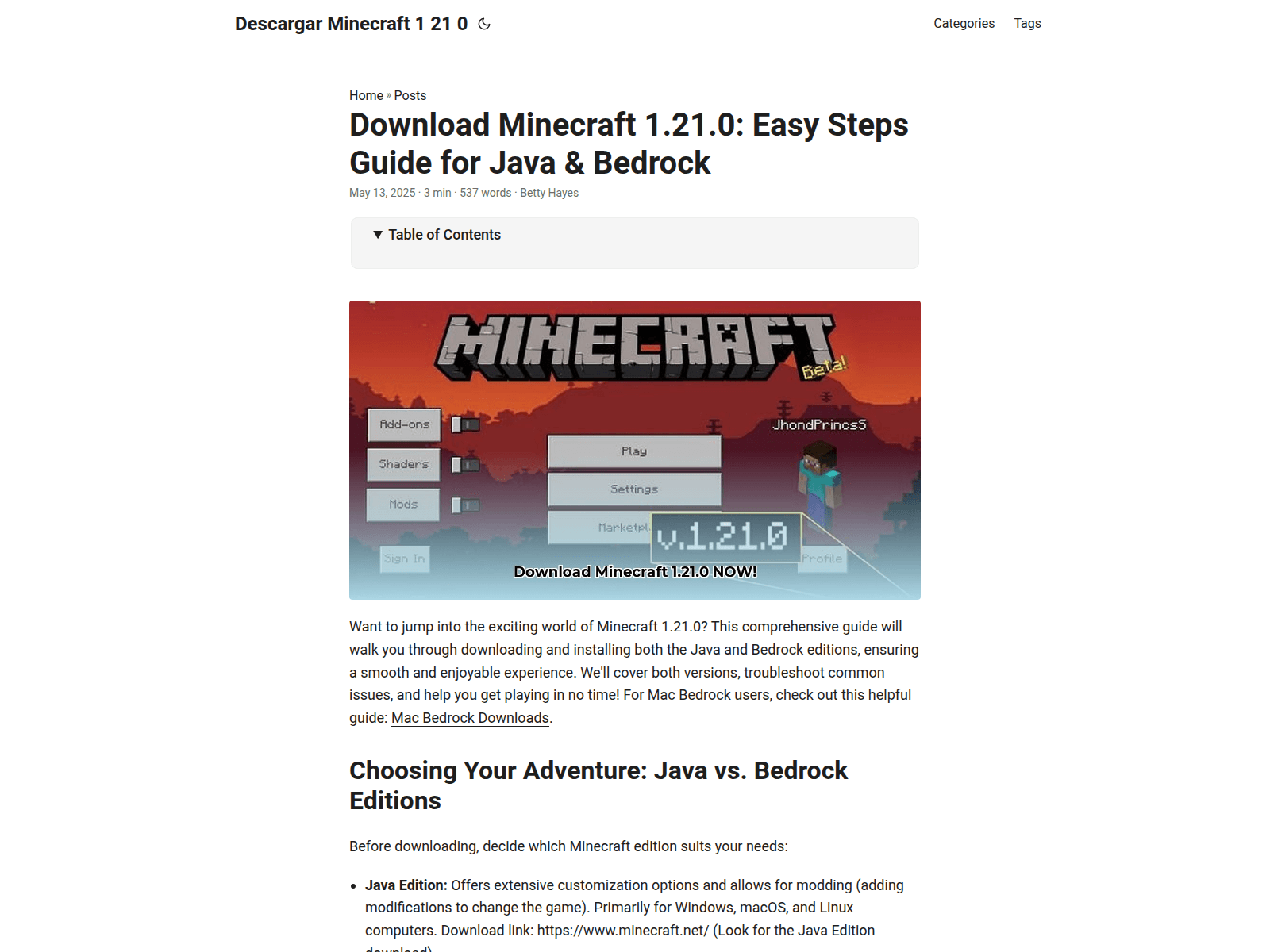 Screenshot of descargar-minecraft-1-21-0.pages.dev