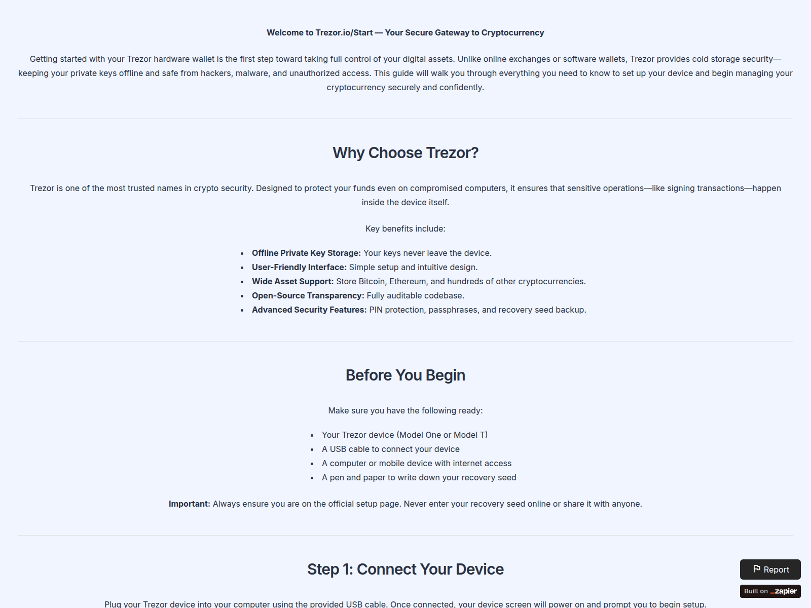Screenshot of startofficial-trezo-io.zapier.app