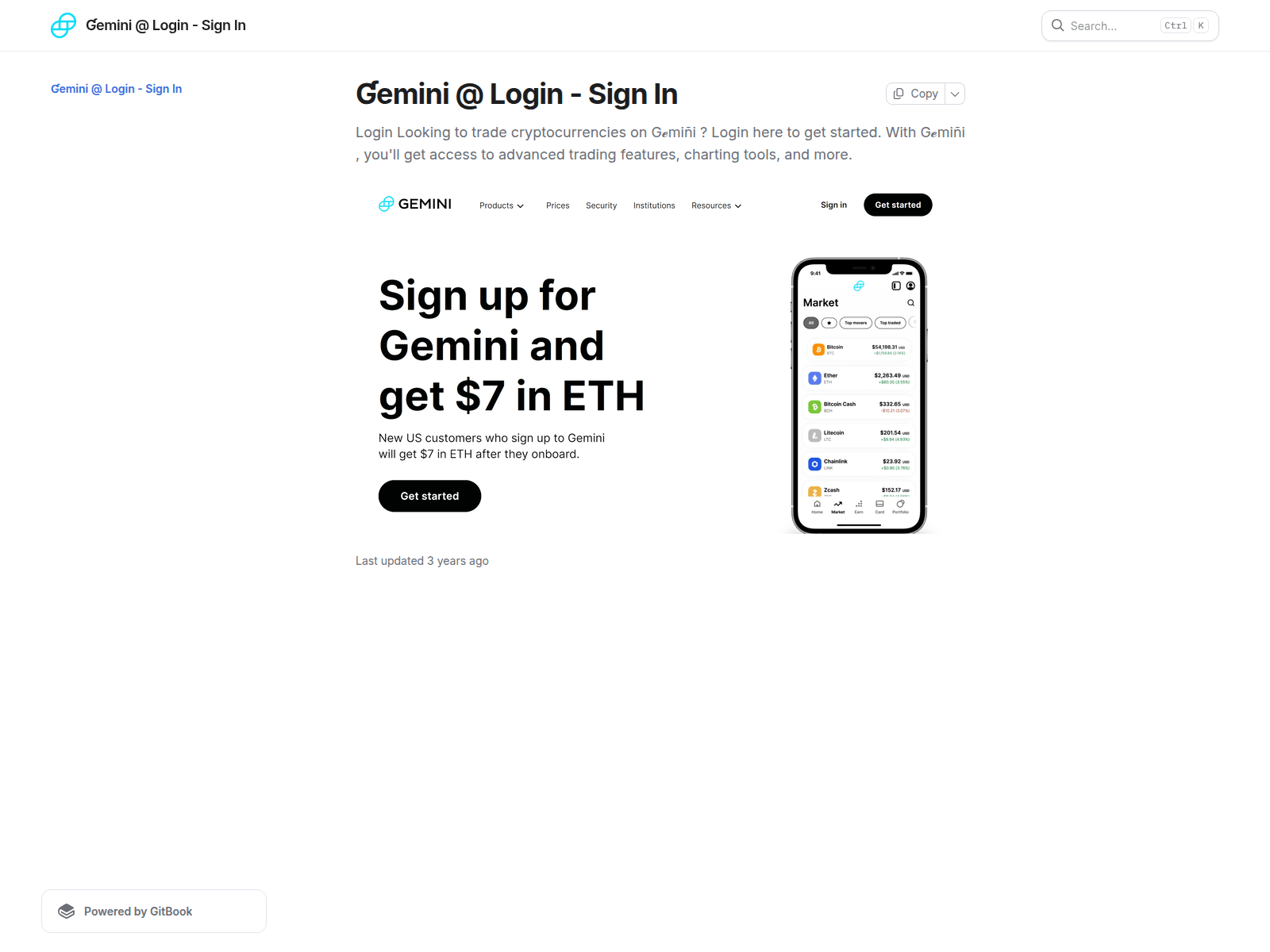 Screenshot of geminiyelogin.gitbook.io