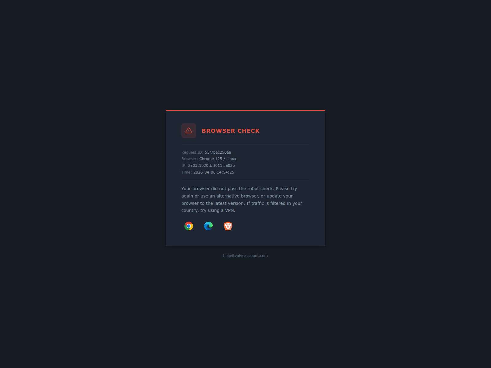 Screenshot of support.valveaccount.com