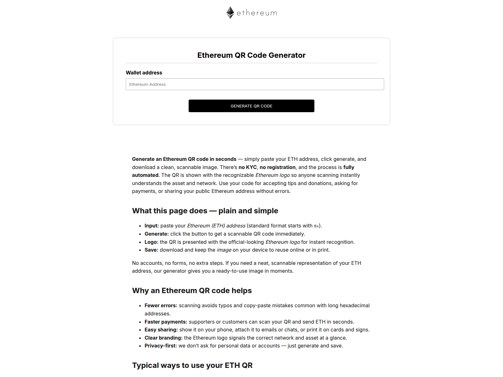 Screenshot of ethereum-qr-code-generators.com