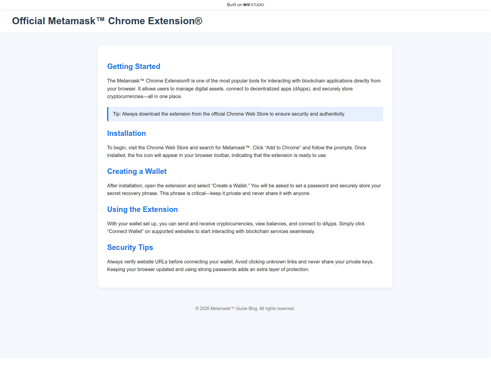 Screenshot of hub-metamask-chrome.wixstudio.com