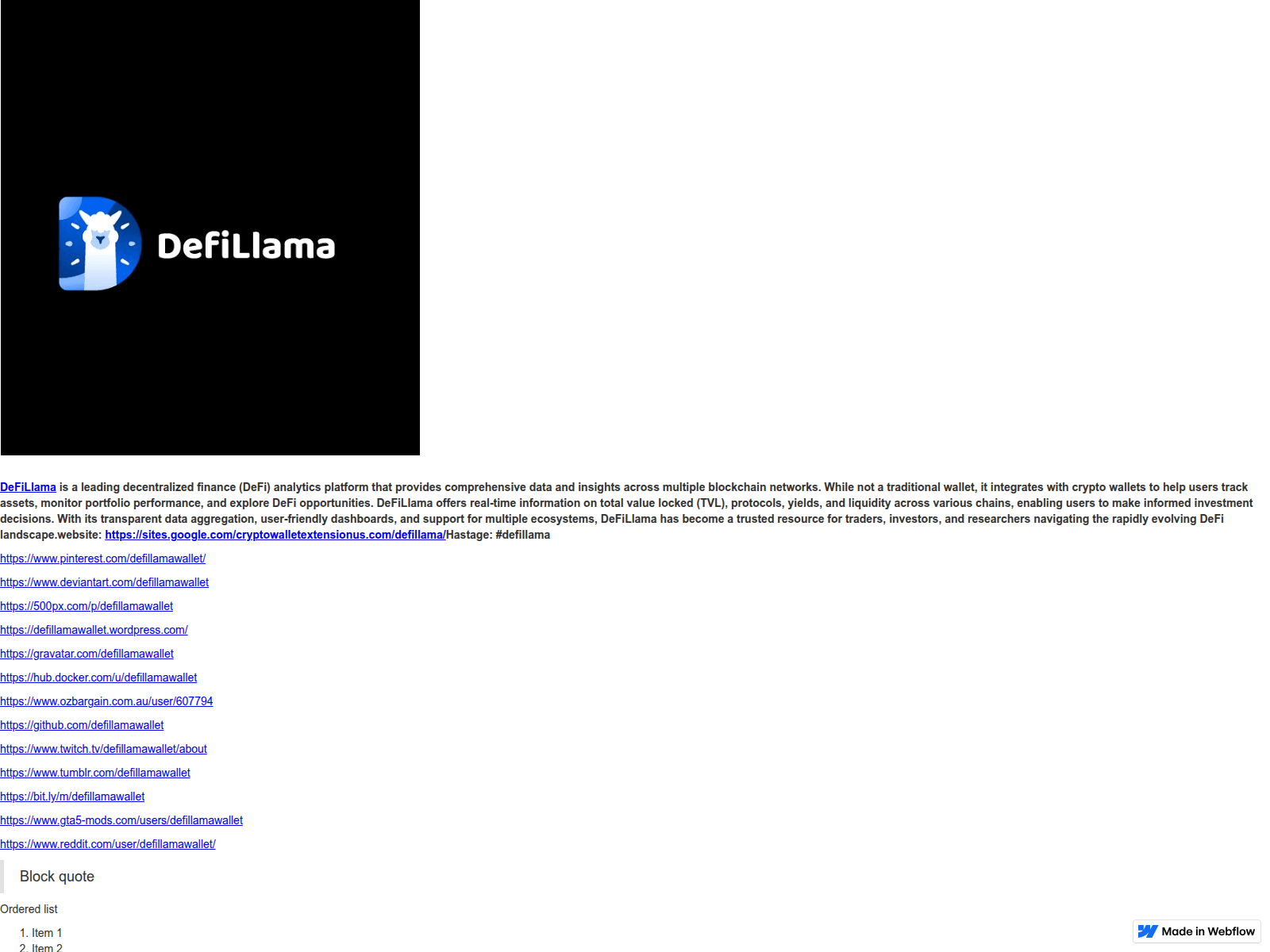 Screenshot of defillama-4e386f.webflow.io