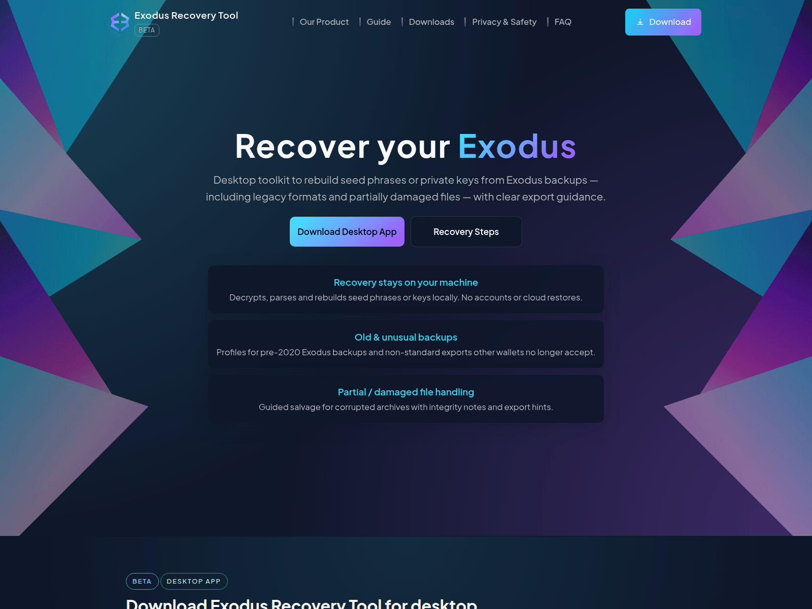 Screenshot of exodusrecoverytool.com