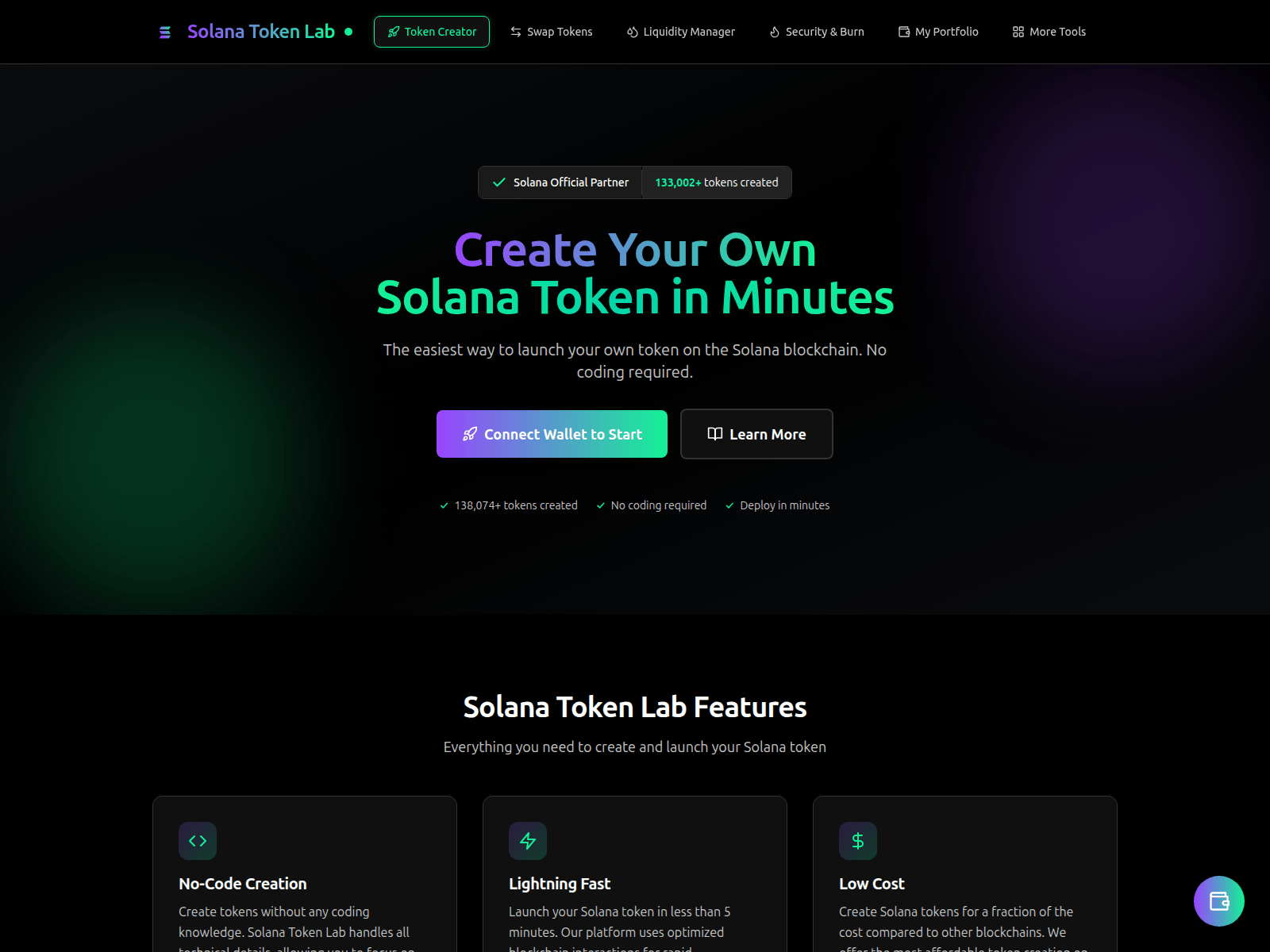 Screenshot of solanatokenlab.com