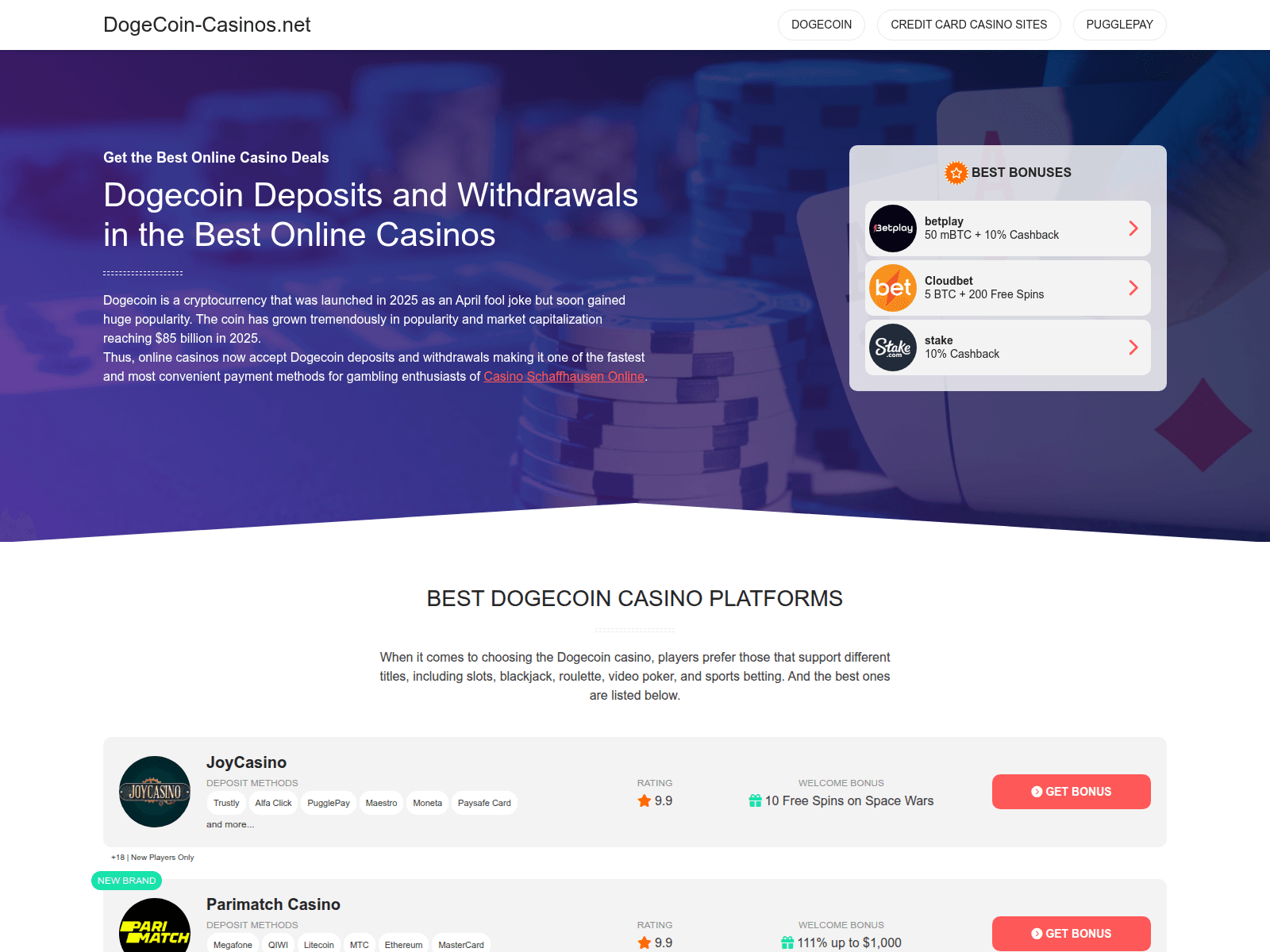 Screenshot of dogecoin-casinos.net