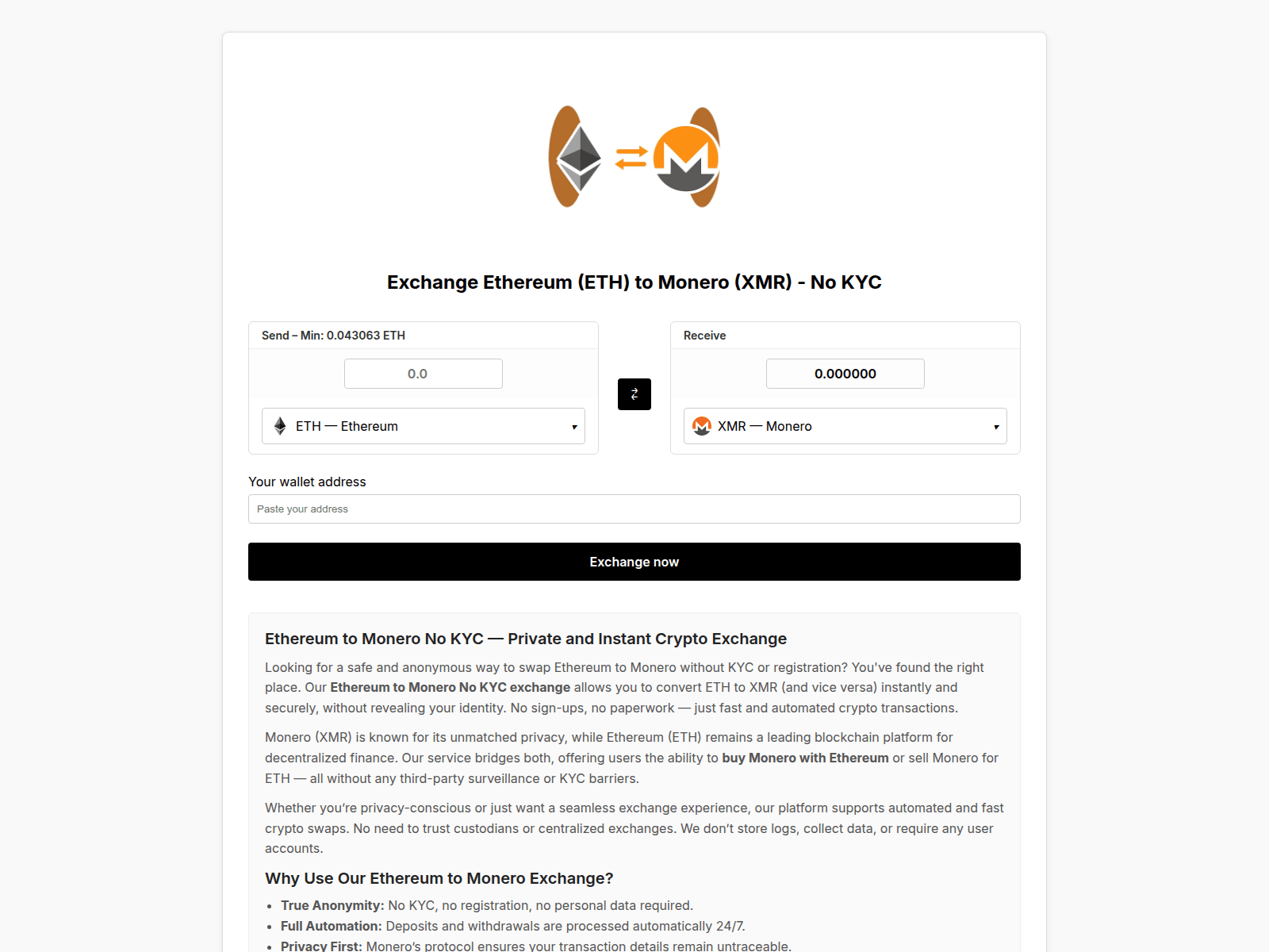 Screenshot of ethereum-to-monero.exchange