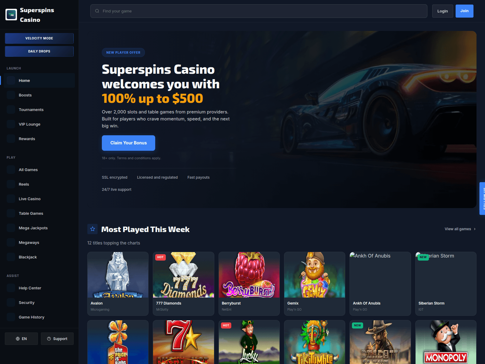 Screenshot of superspins-casino.com