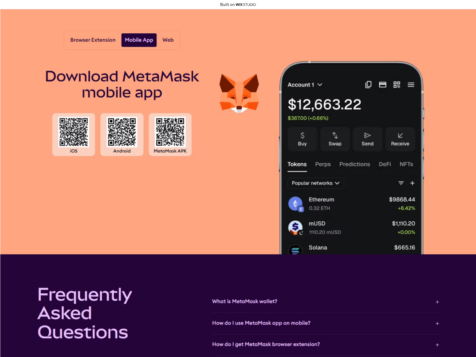 Screenshot of metamuskio-extn.wixstudio.com