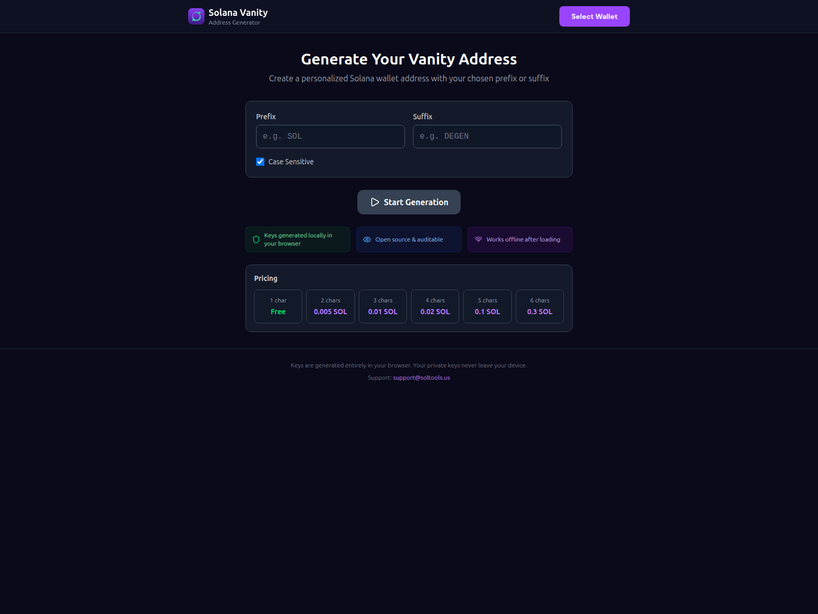 Screenshot of solana-vanity-web.pages.dev
