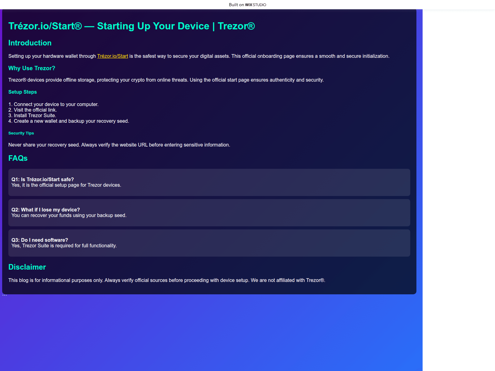 Screenshot of trezoapp-started.wixstudio.com