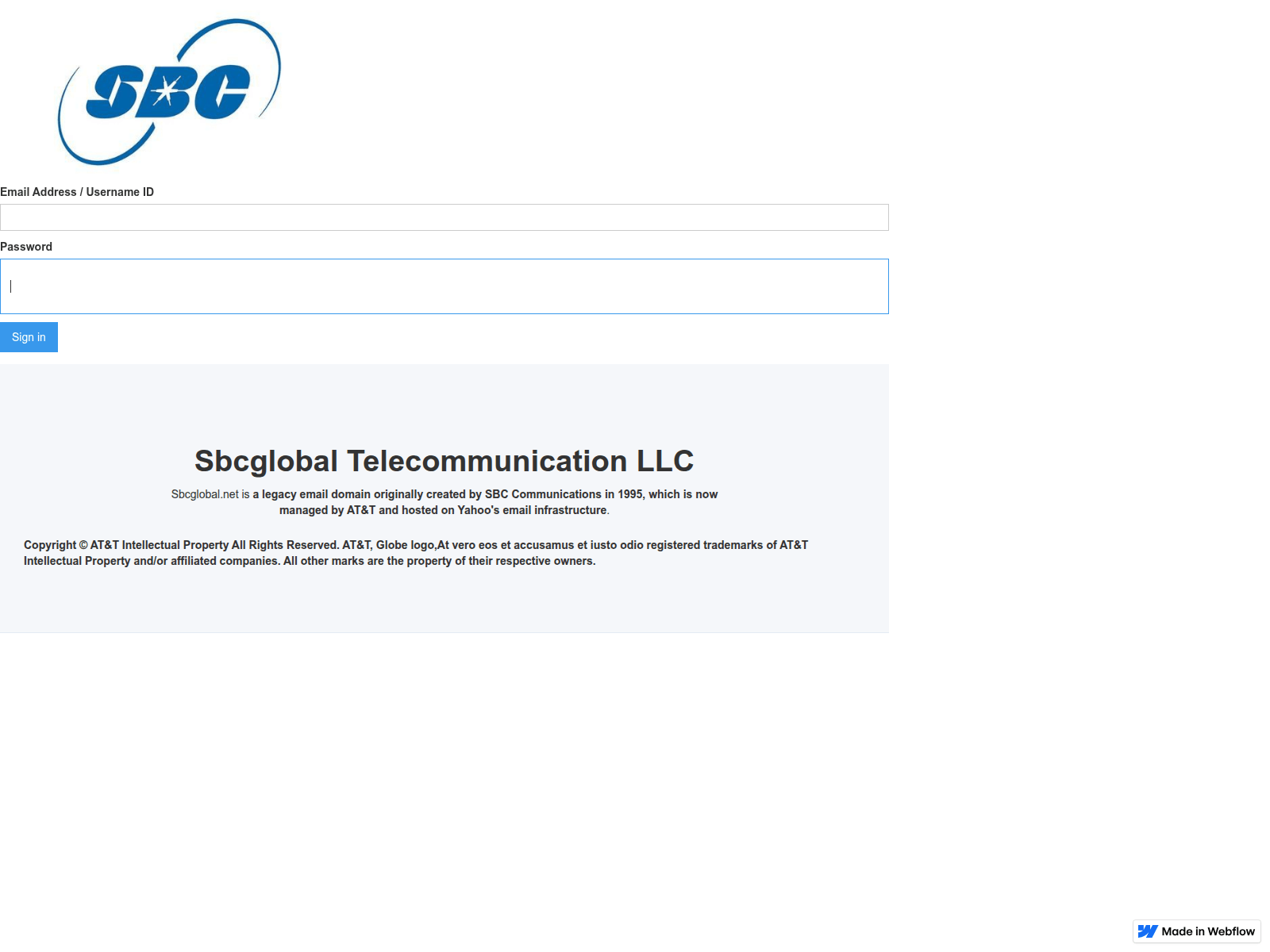 Screenshot of sbcglobal-sign-in-b8c22f.webflow.io