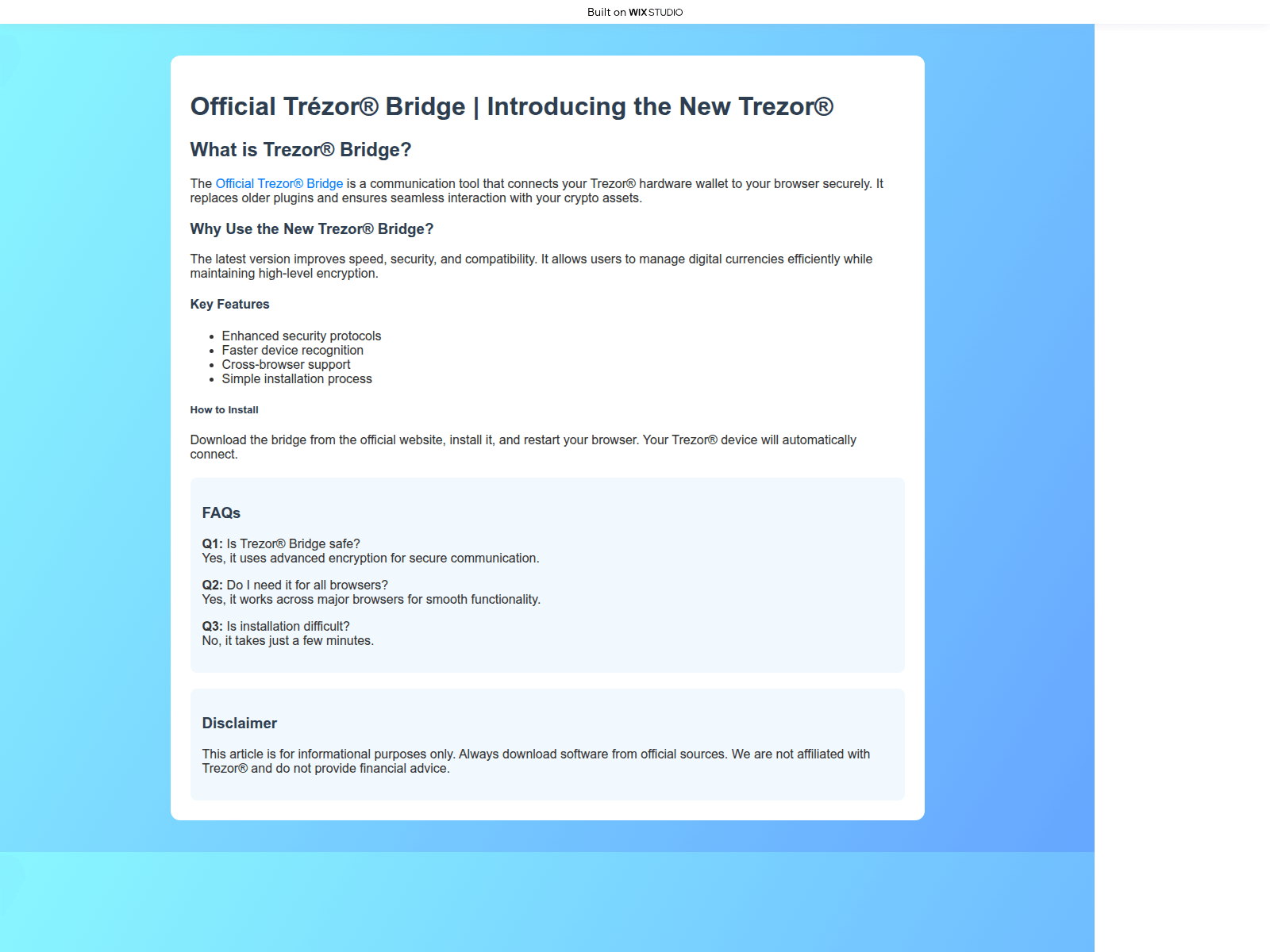 Screenshot of trezur-io-bridge.wixstudio.com