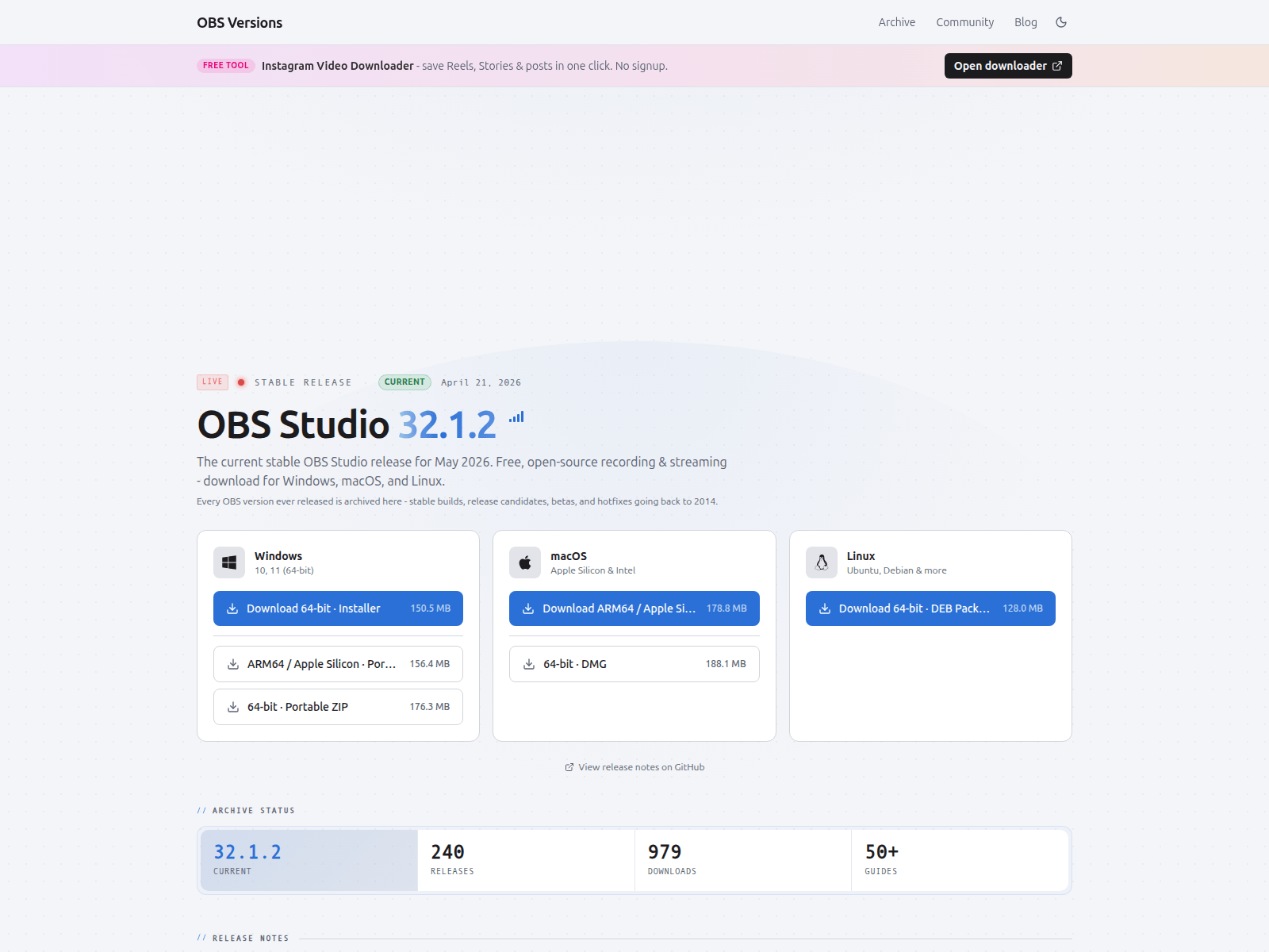 Screenshot of obs-versions.com