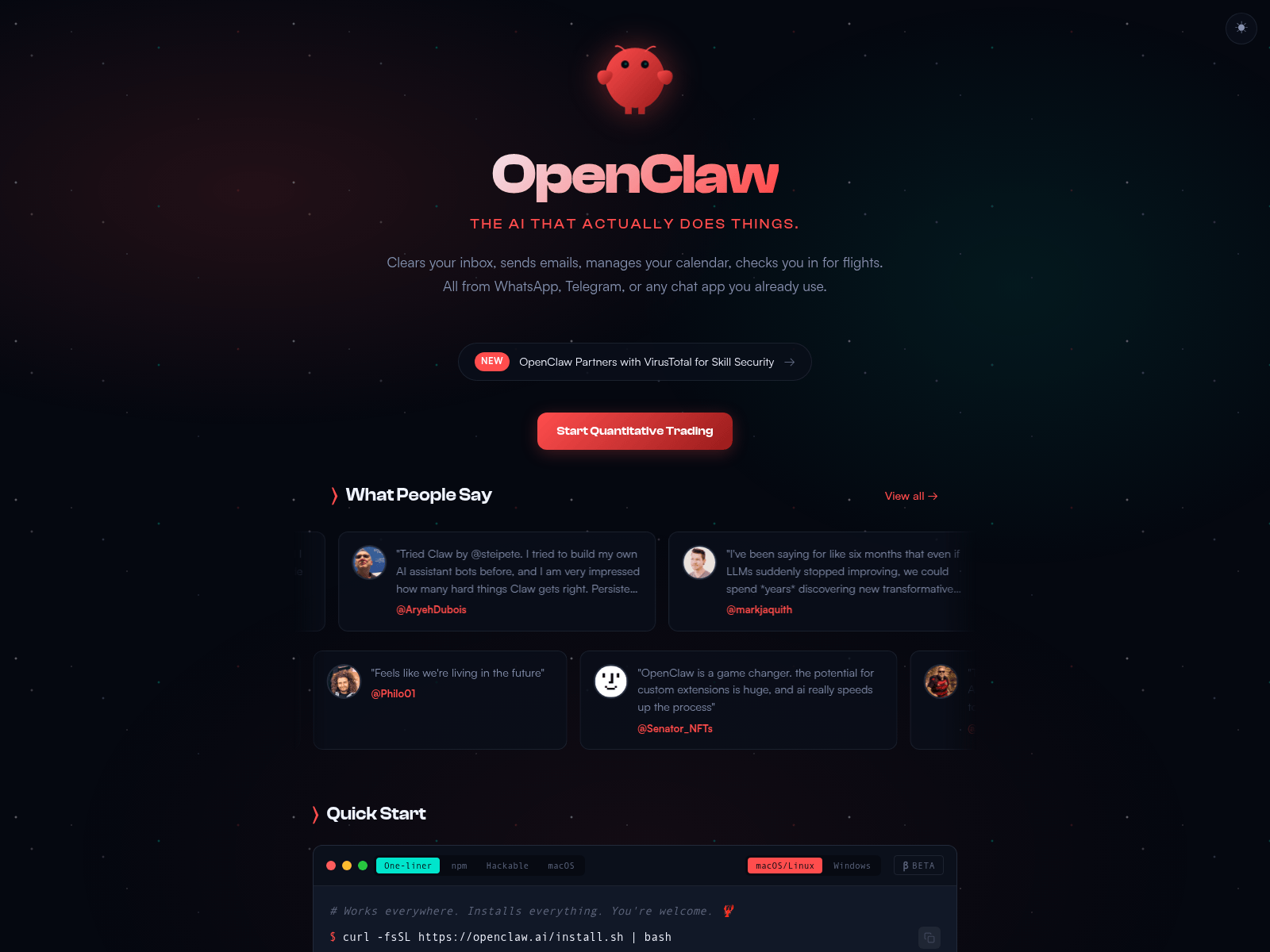 Screenshot of openclawtrade.ai