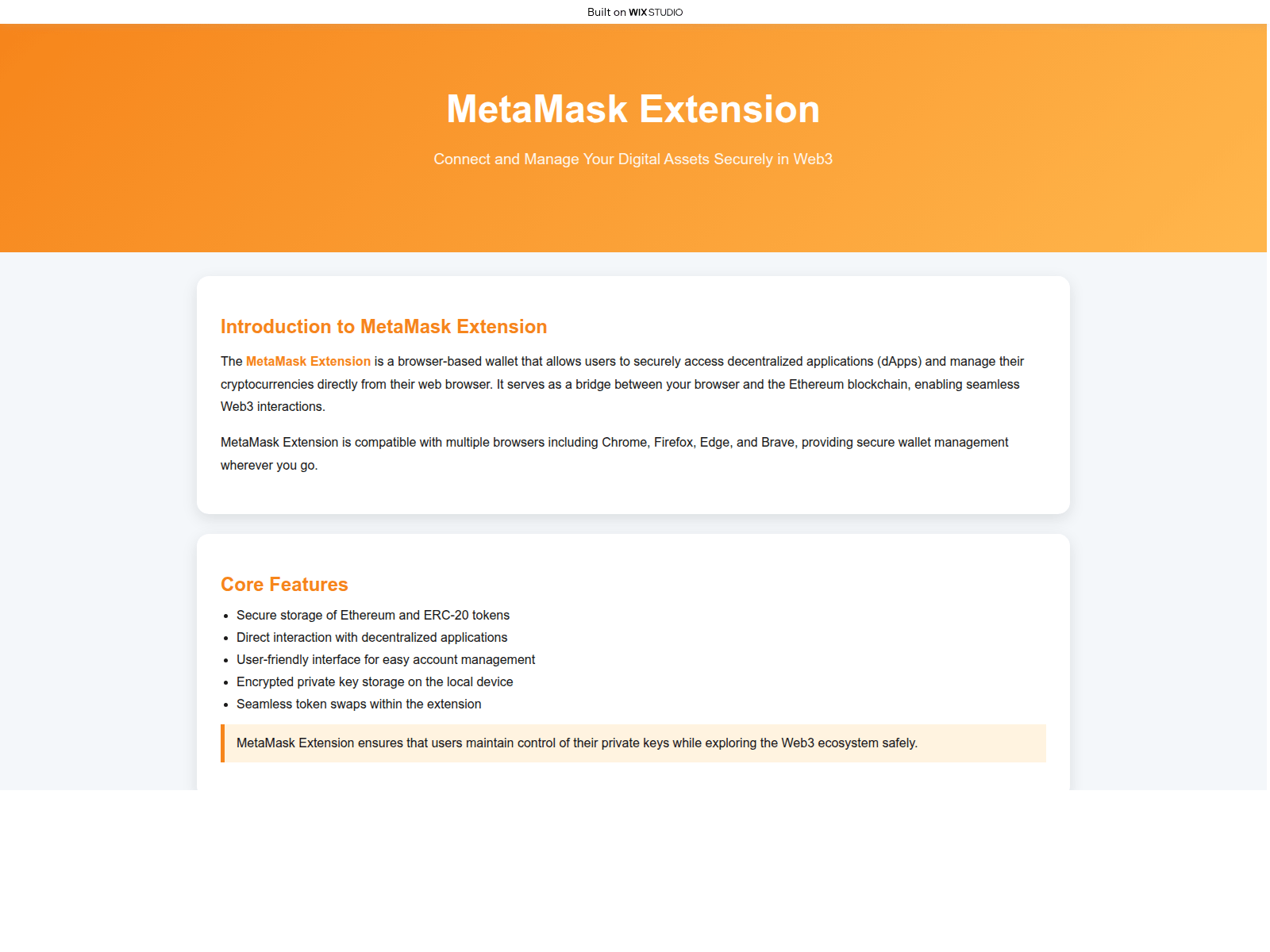 Screenshot of homepage-metamask.wixstudio.com