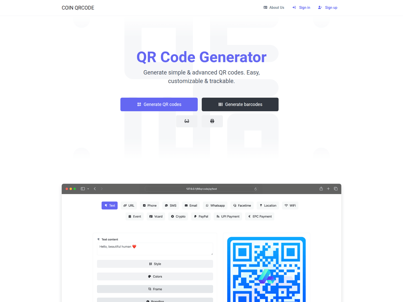 Screenshot of coinqrcode.com