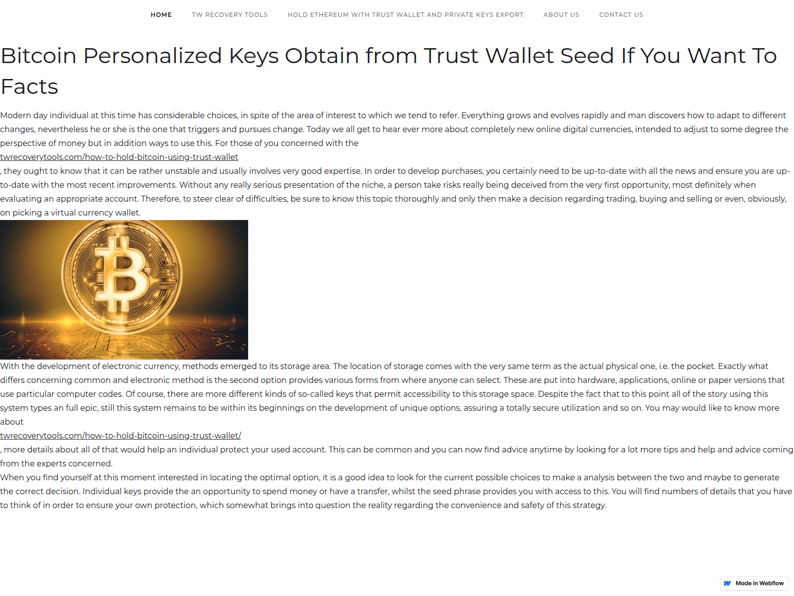Screenshot of how-to-hold-bitcoin-using-trust-wallet.webflow.io