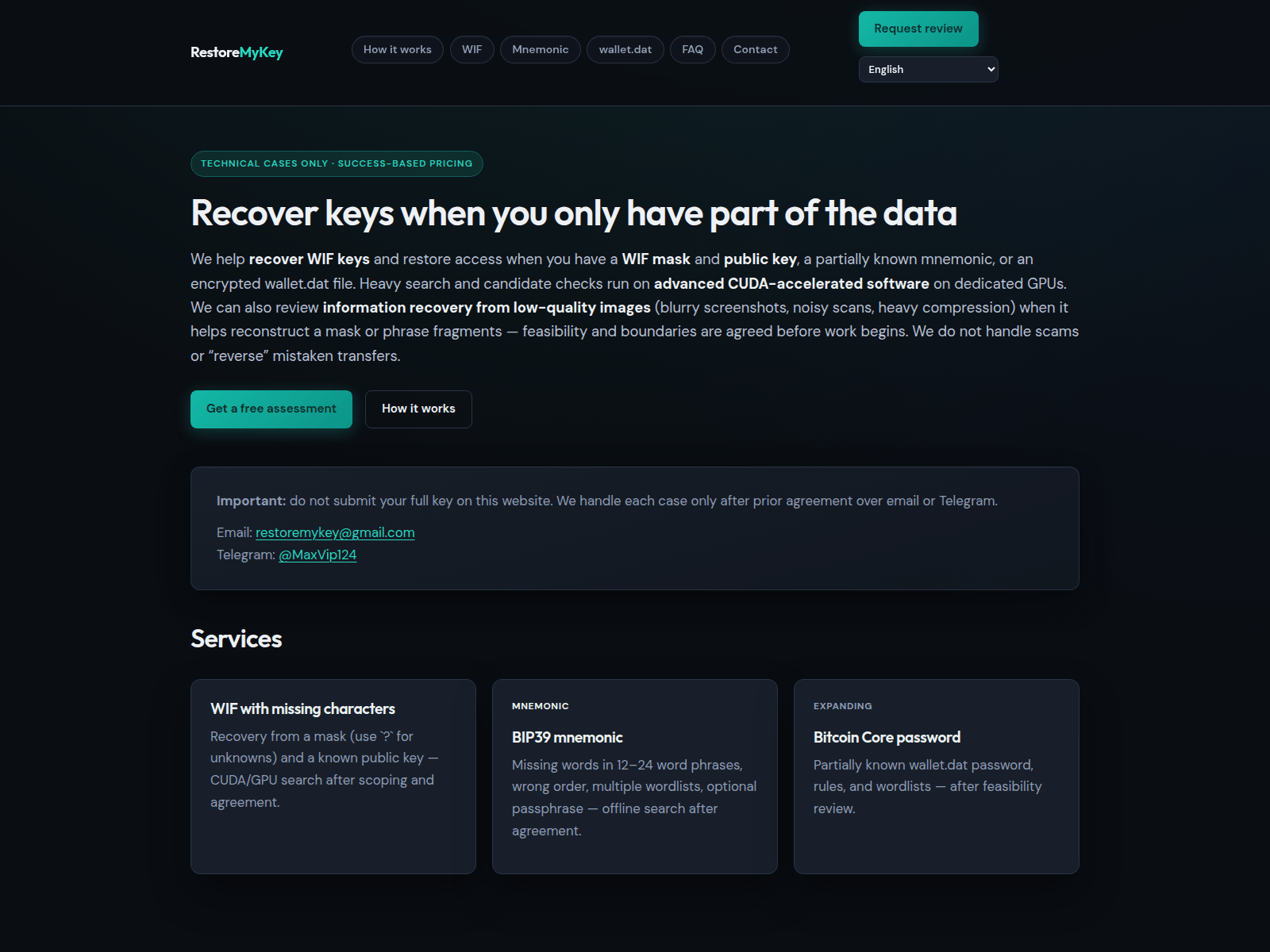 Screenshot of restoremykey.com