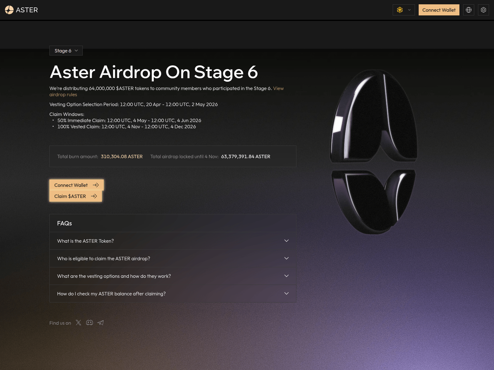 Screenshot of claims.asterdex.tokensdao.com