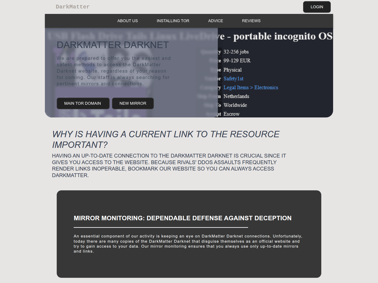 Screenshot of www.darkmattertor.link