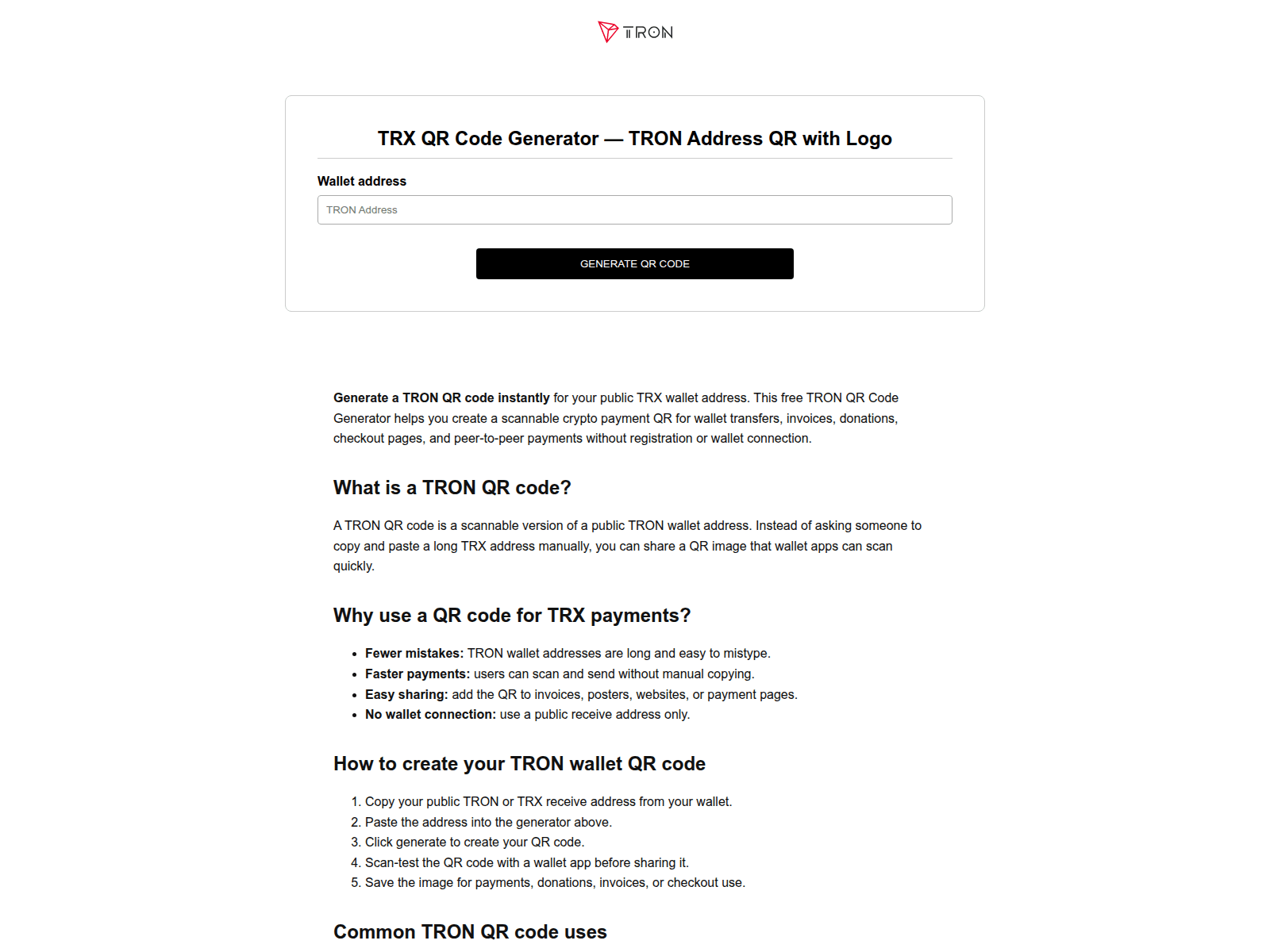 Screenshot of tron-qr-code-generator.org