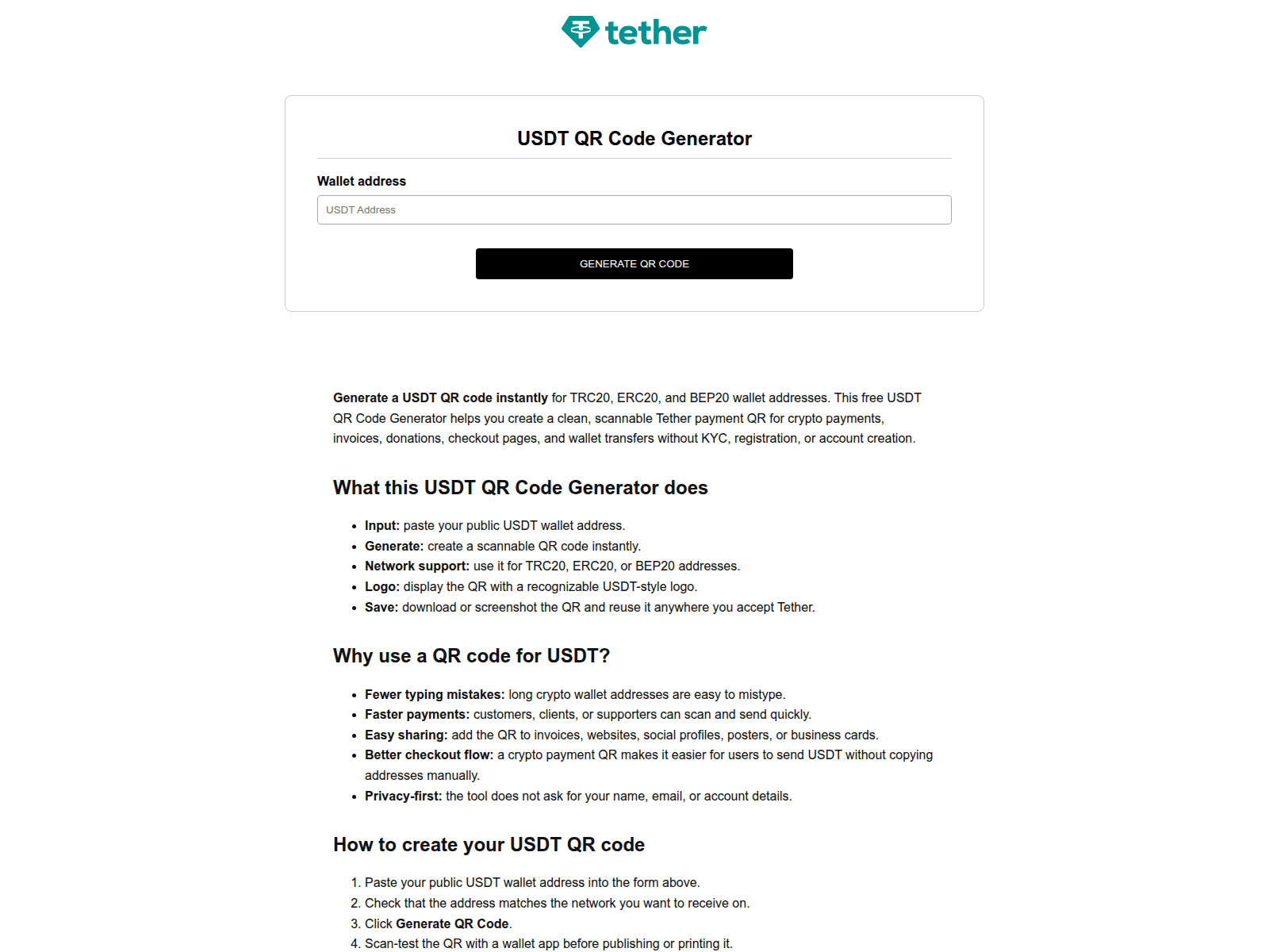 Screenshot of www.usdt-qr-code-generator.com