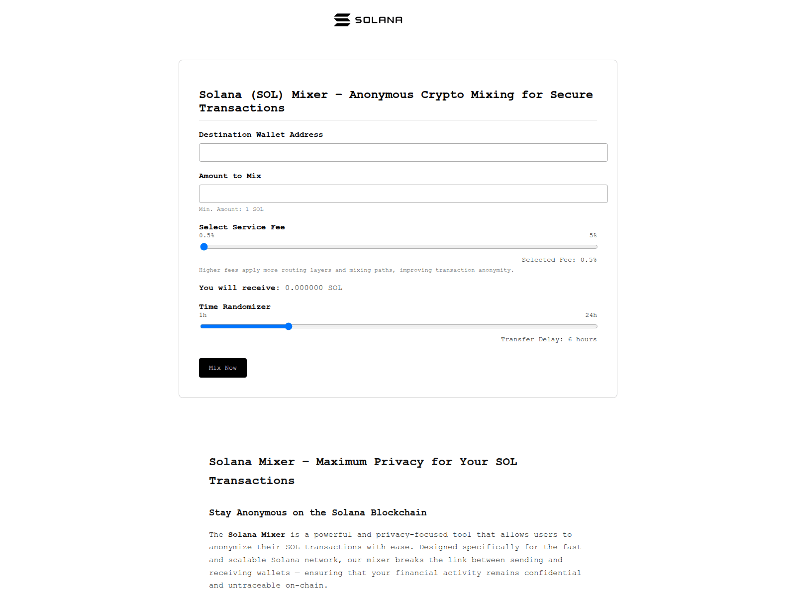 Screenshot of solana2mix.to