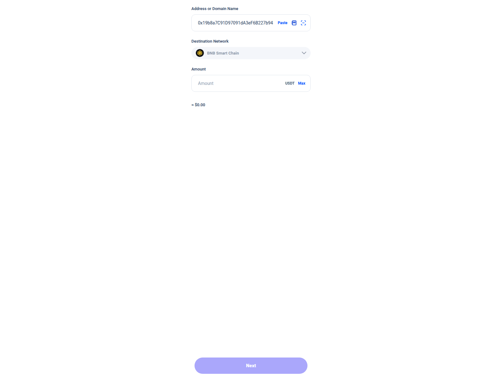 Screenshot of sendusdt.trustawallet.com