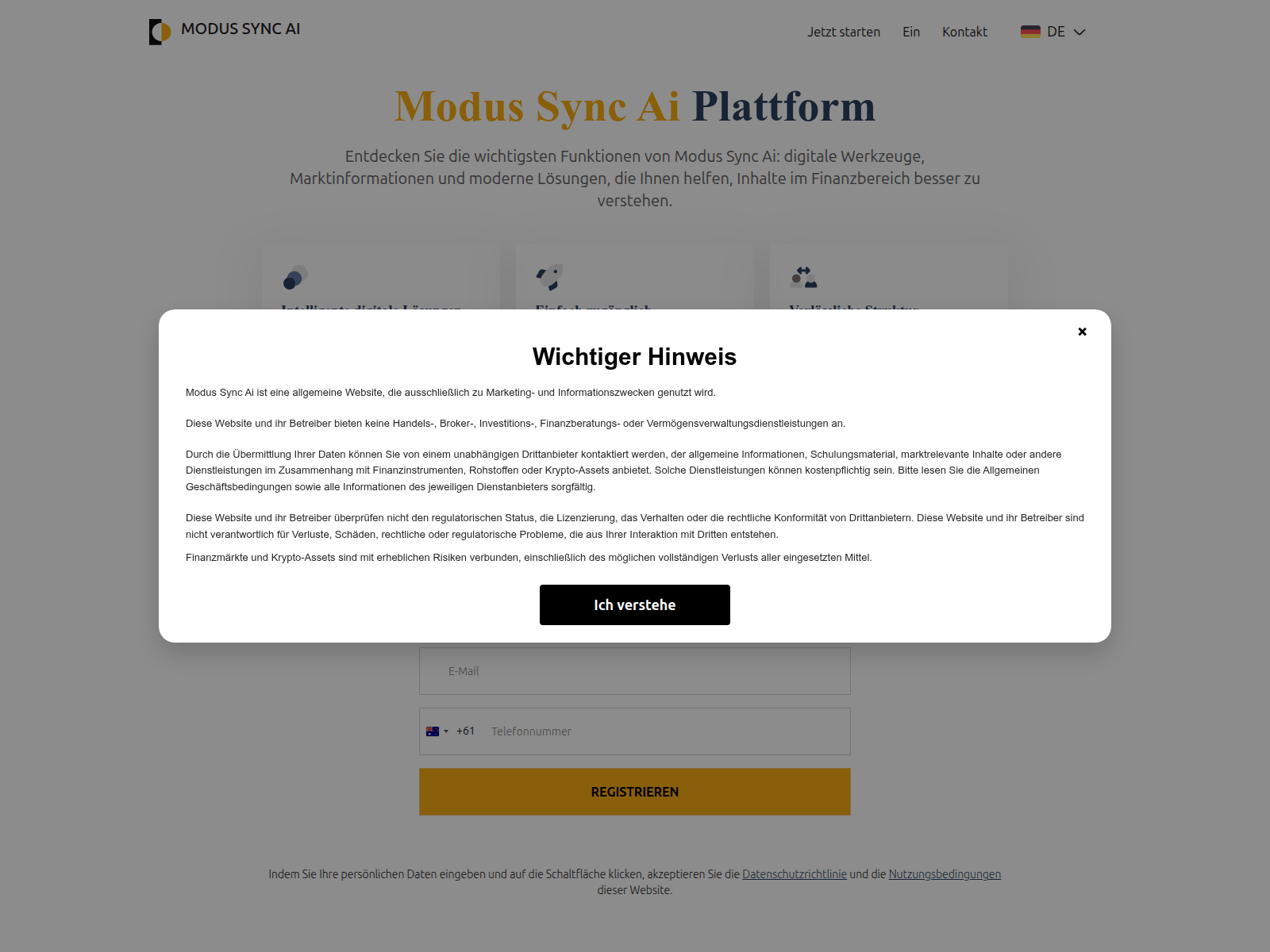 Screenshot of modussyncai-de.live