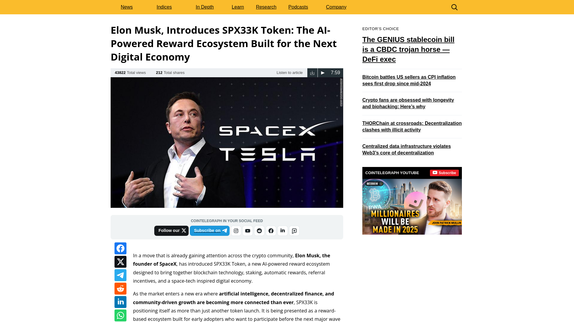 Screenshot of spx33k-cointelegraph.com