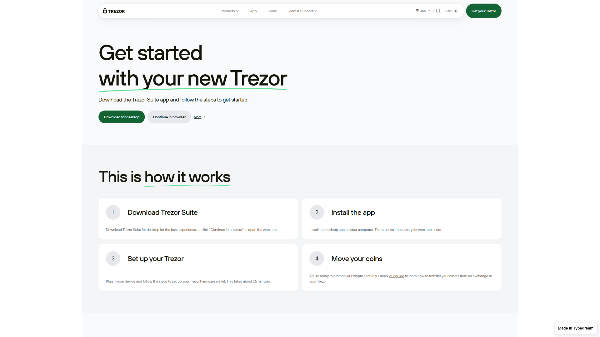 Screenshot of begin-hardware-trezo.typedream.app