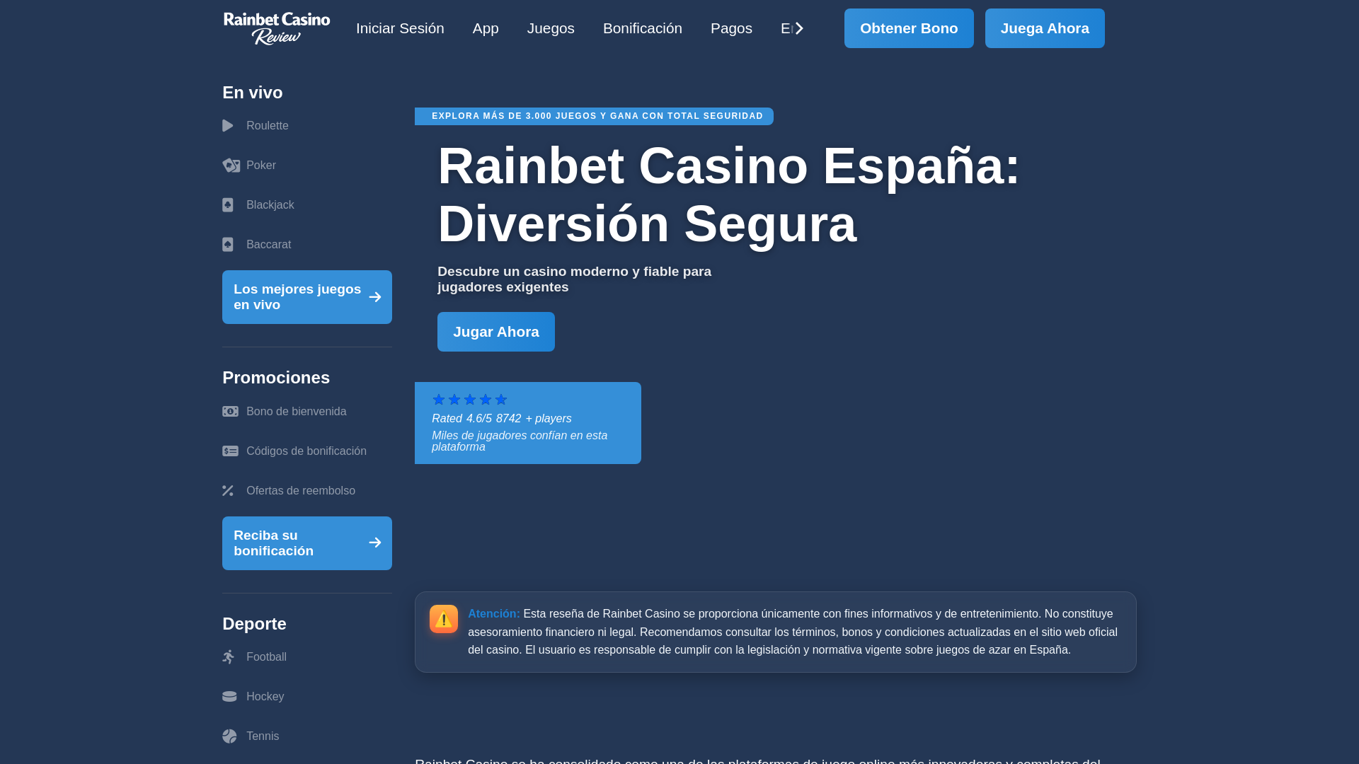 Screenshot of rainbetcasinoonline.es