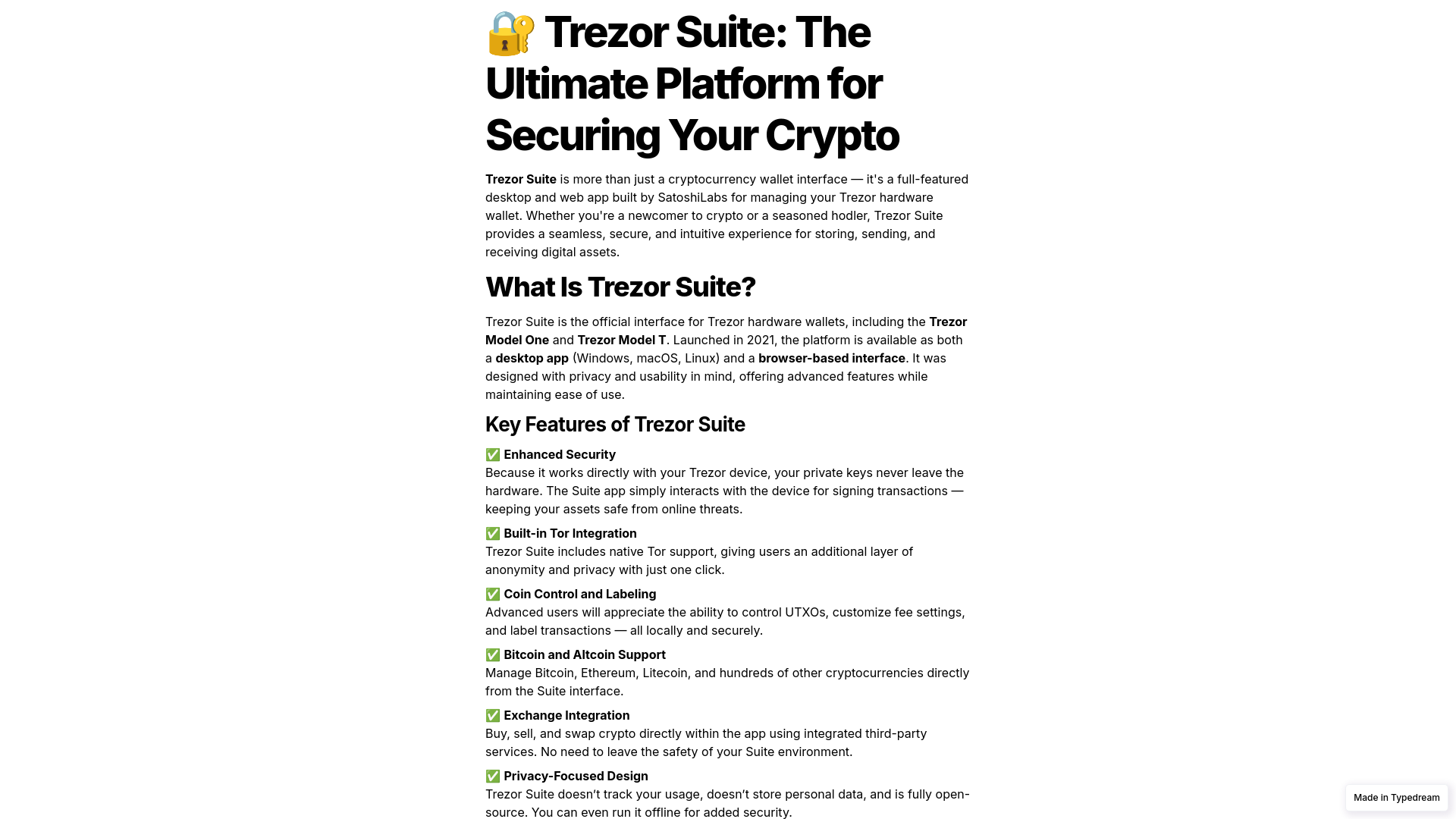Screenshot of begin-faq-trezer-suite-page.typedream.app