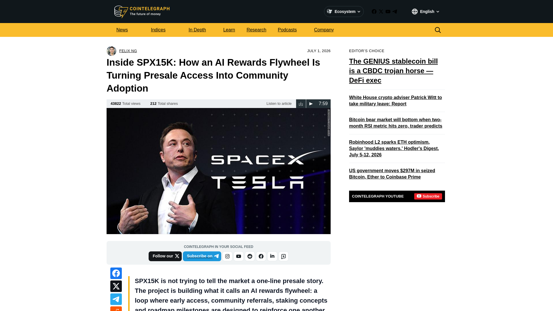 Screenshot of spx15k-cointelegraph.com