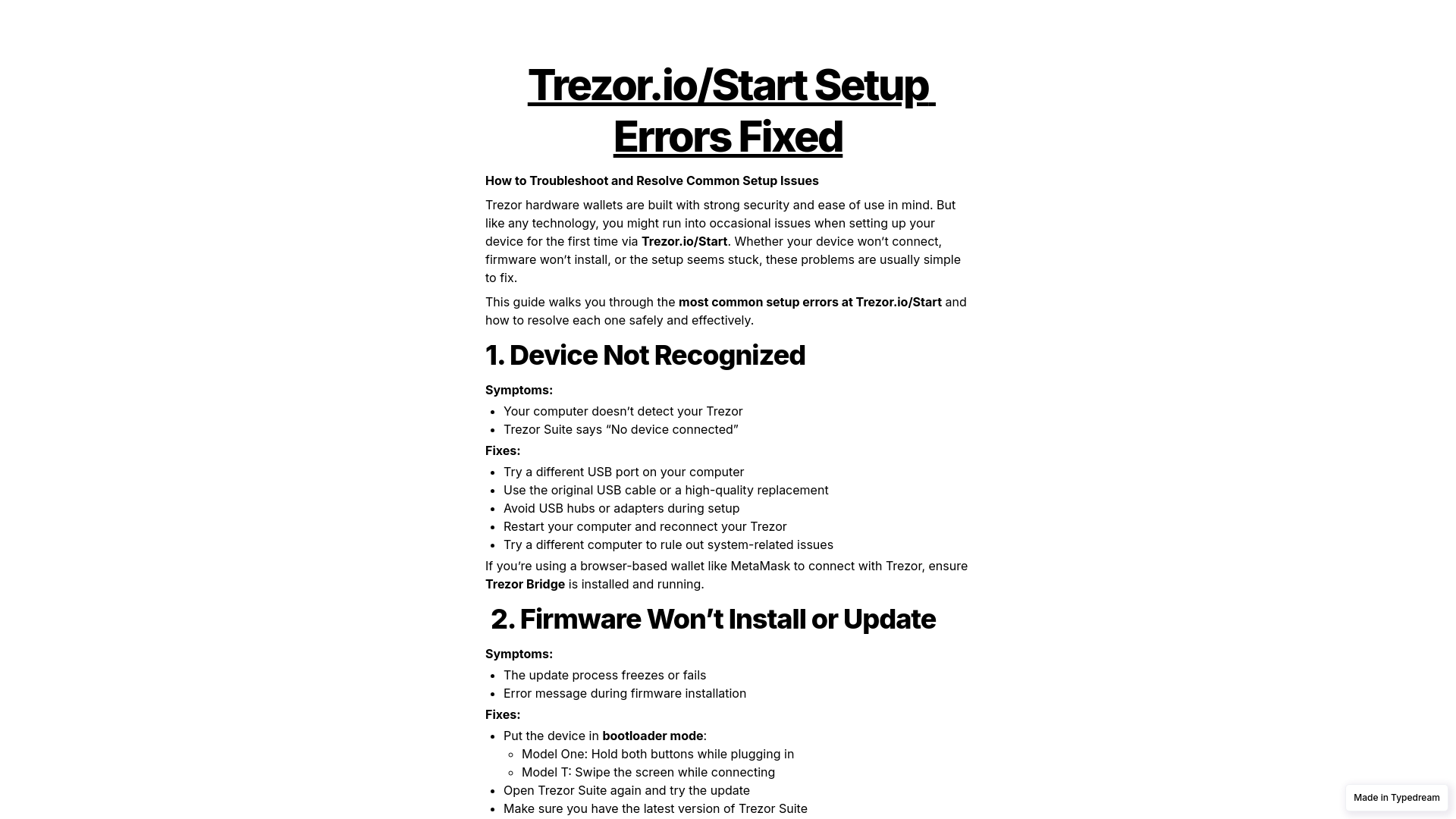 Screenshot of trezur-start-base-faqs-io.typedream.app