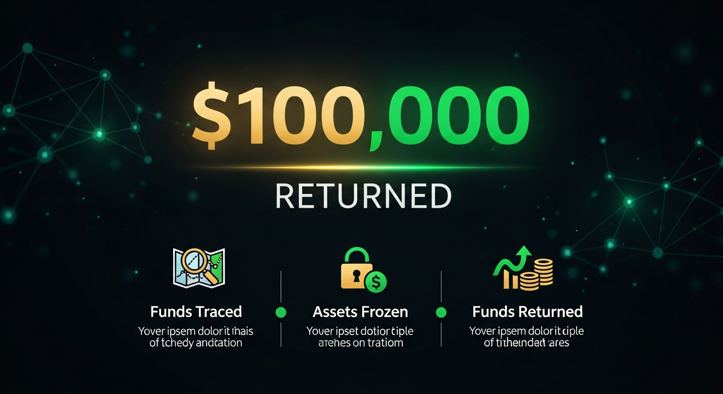$100,000 returned to victim - funds traced, assets frozen, funds returned infographic