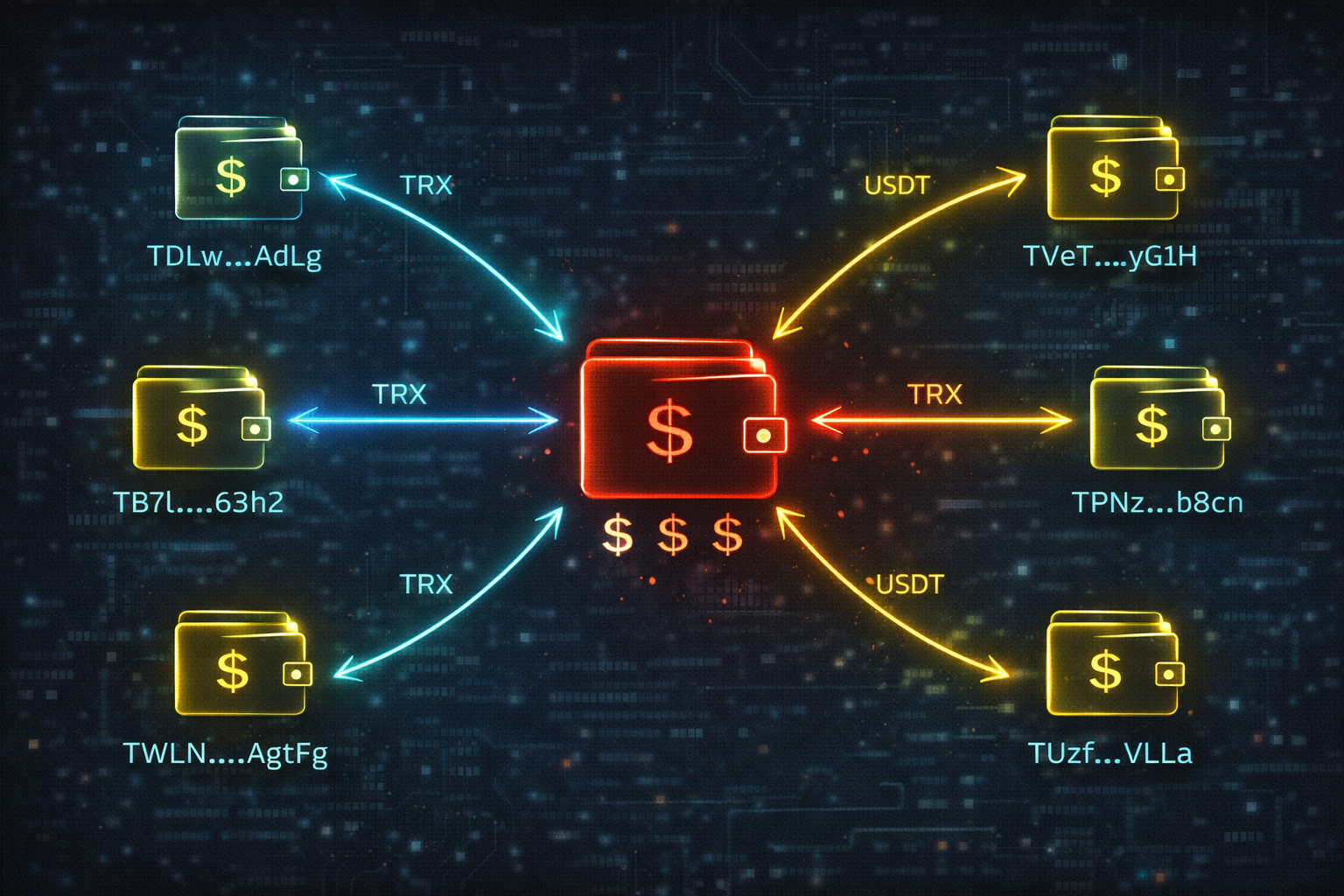 On-chain money flow diagram showing TRX and USDT transfers between BuyTRX operator wallets