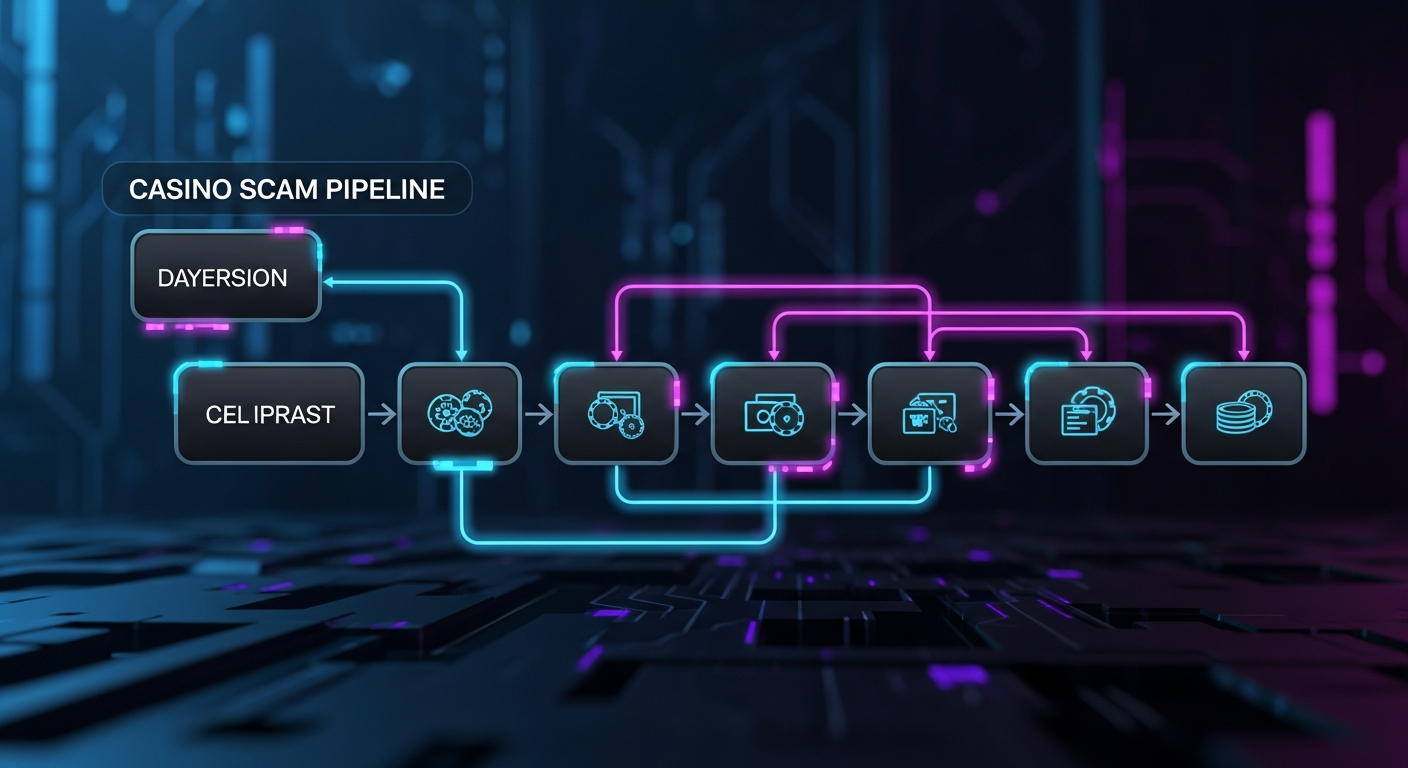Casino scam pipeline flowchart: from diversion and celebrity endorsement through payment processing to victim
