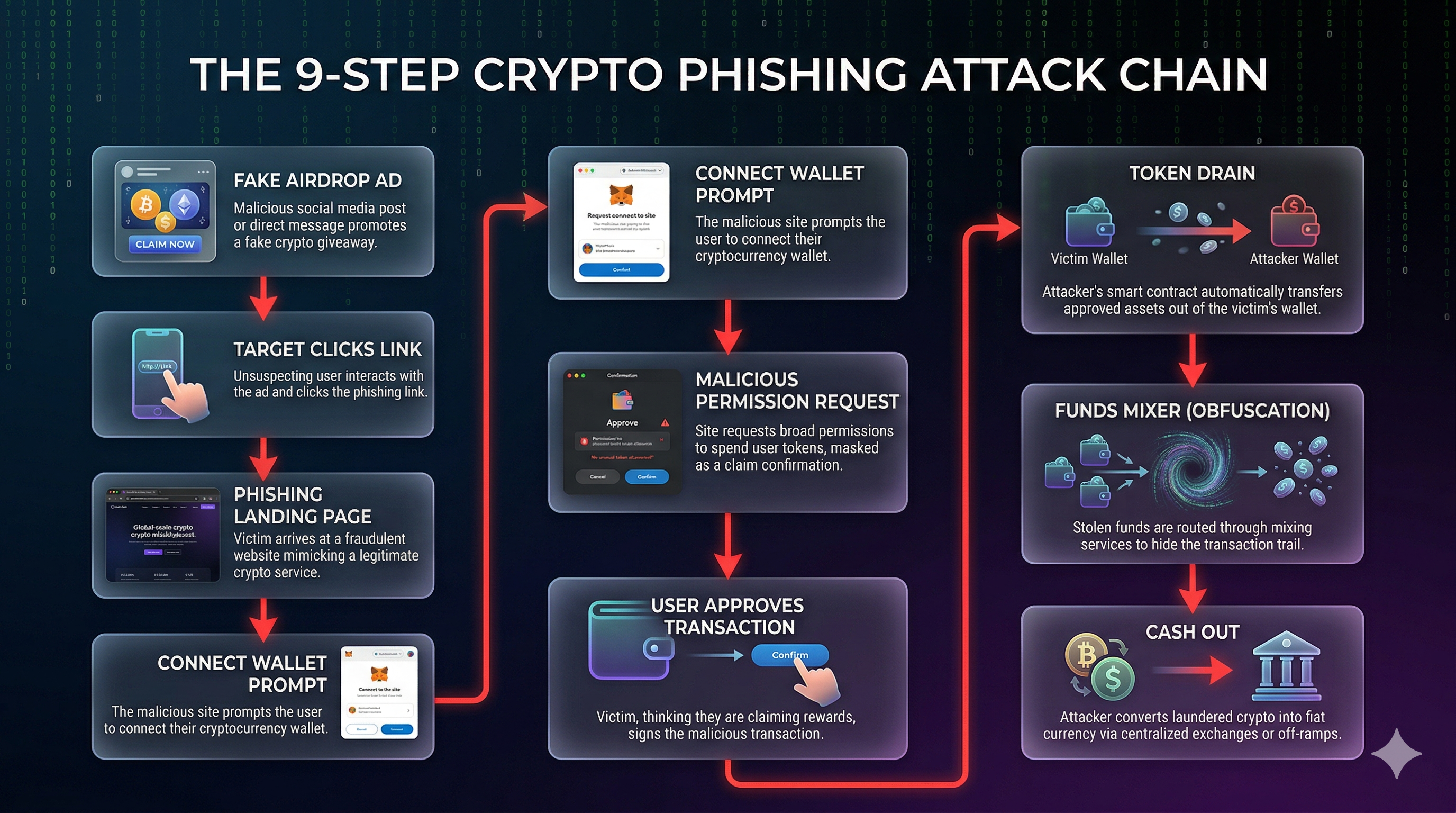 The 9-step crypto phishing attack chain: fake airdrop ad, target clicks, phishing landing, connect wallet, malicious permission, approve transaction, token drain, funds mixer, cash out