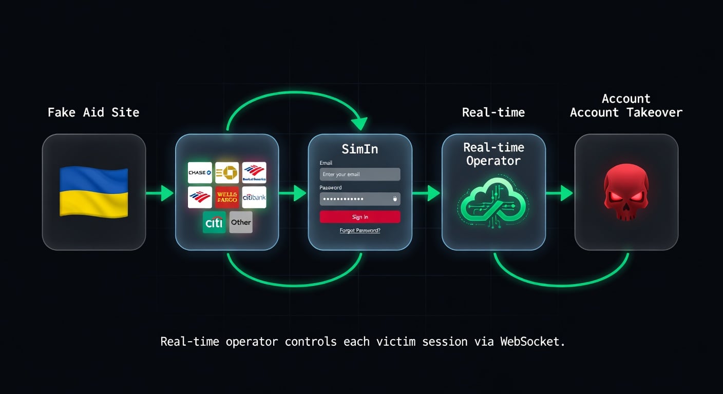Attack flow diagram showing phishing stages from fake aid page to account takeover
