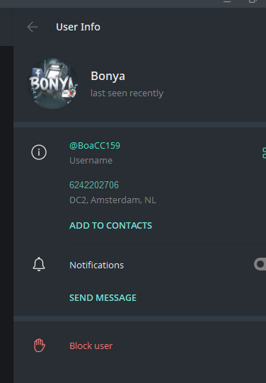 Bonya Telegram profile