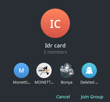Telegram operator group 'Idr card' exposed via bot token