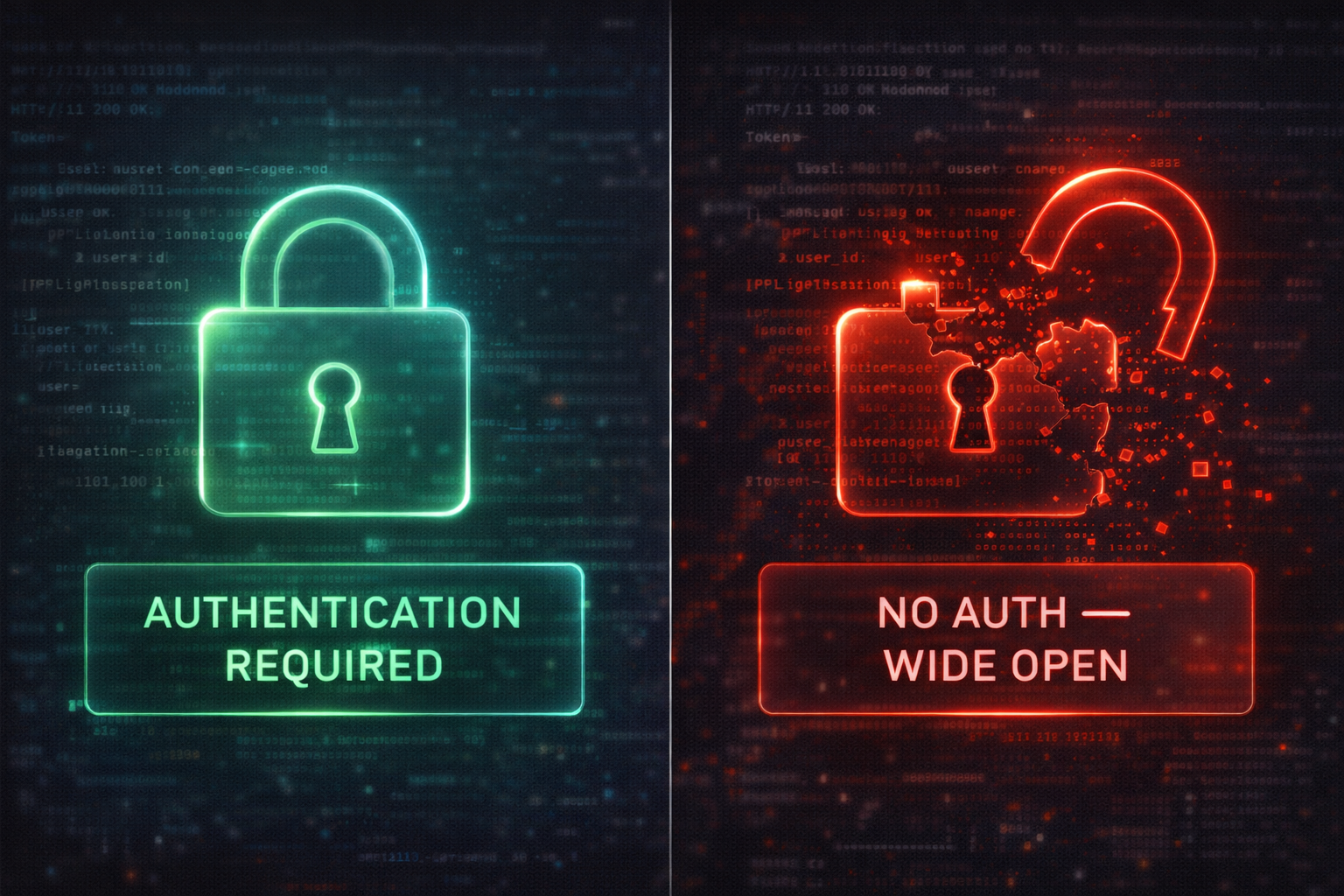 Security comparison: Authentication Required (green lock) vs No Auth Wide Open (broken red lock)