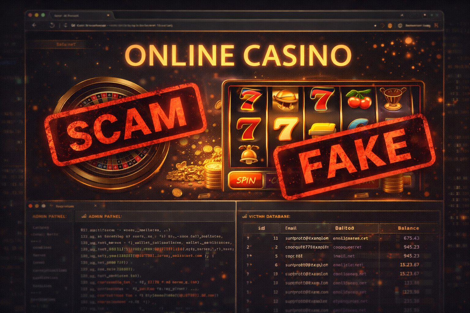 Fake online casino interface with SCAM and FAKE stamps showing admin panel and victim database below