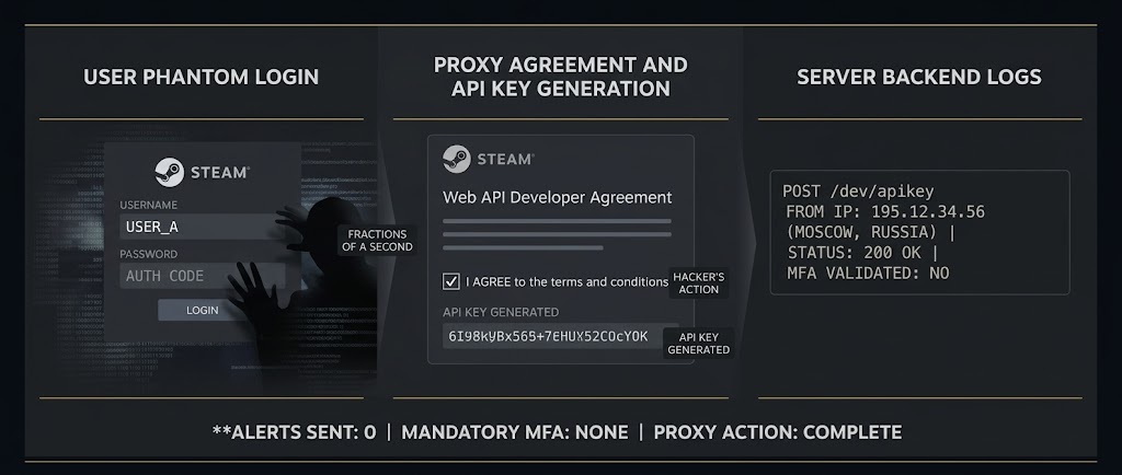 Um hacker que concorda com os Termos do Desenvolvedor do Steam API em nome de uma vítima