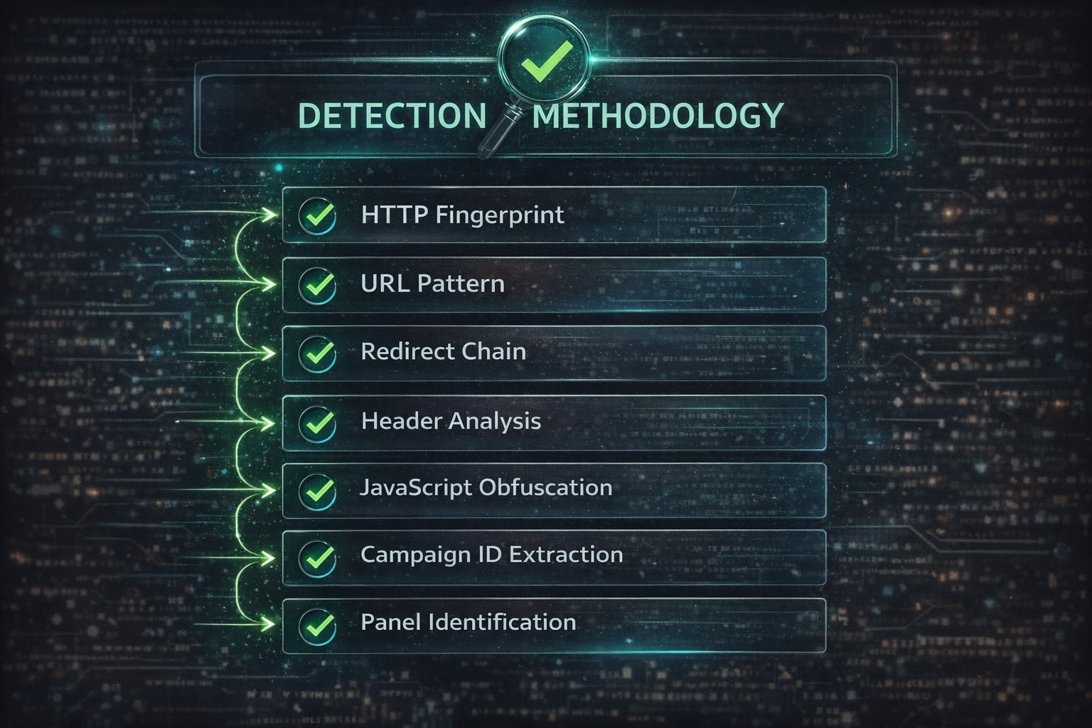 7-step detection methodology: HTTP fingerprint, URL pattern, redirect chain, header analysis, JavaScript obfuscation, campaign ID extraction, panel identification